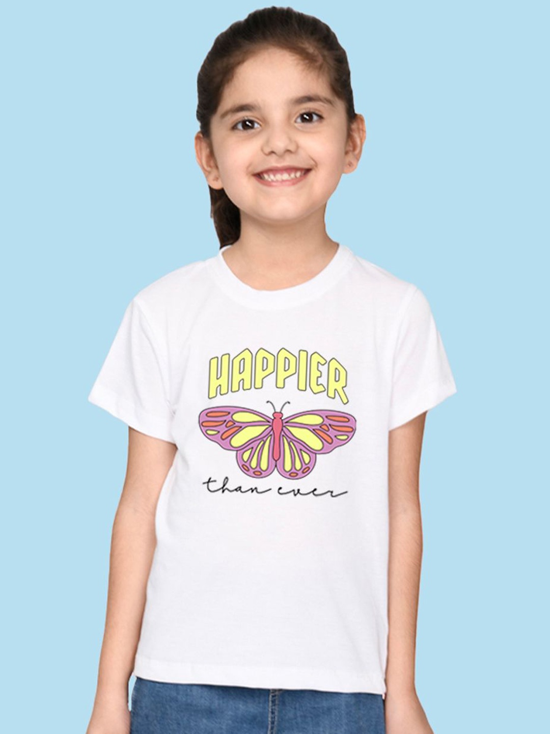 

NUSYL Girls Graphic Printed Round Neck Casual T-shirt, White