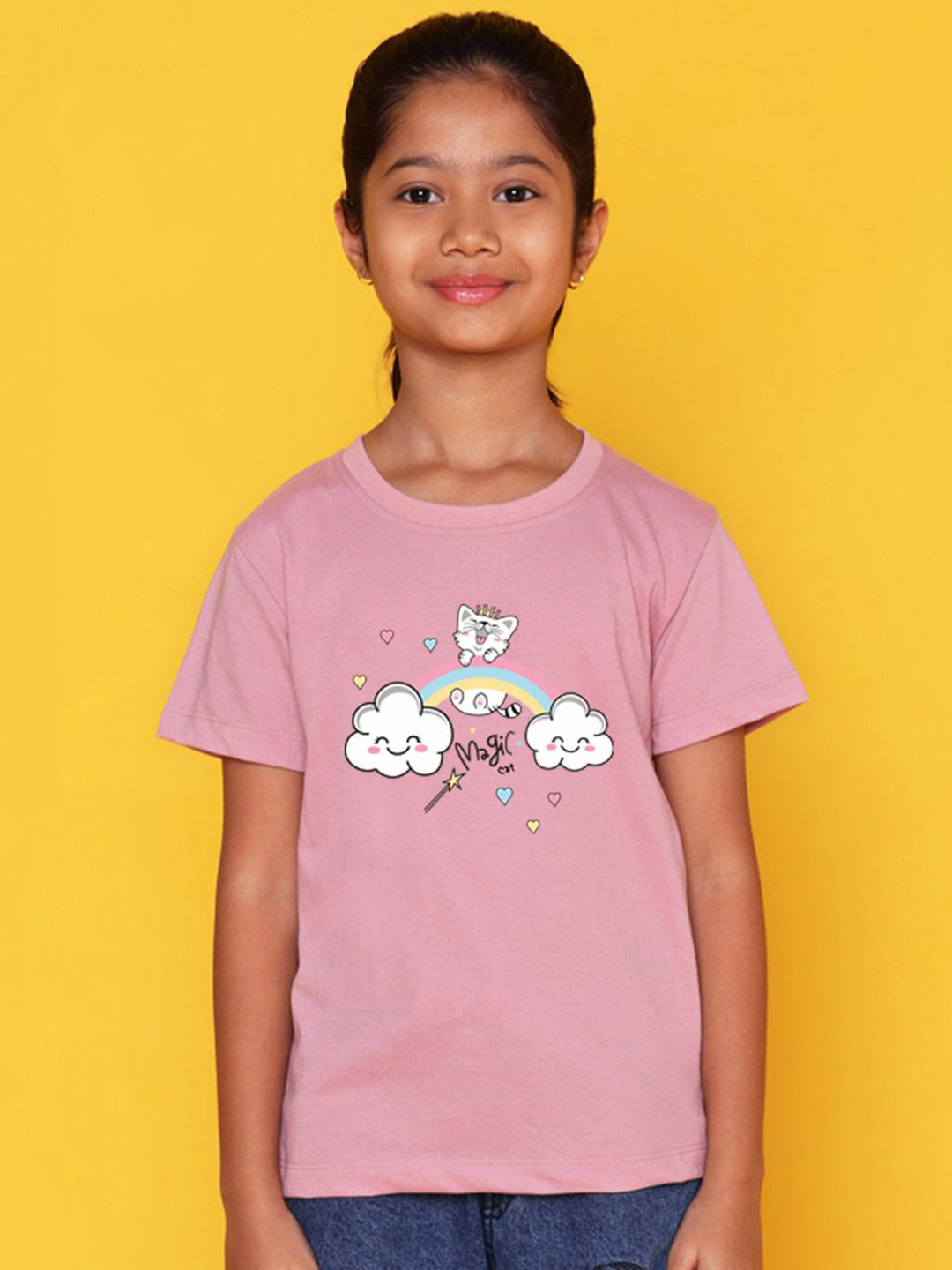 

NUSYL Girls Graphic Printed Round Neck Casual T-shirt, Pink