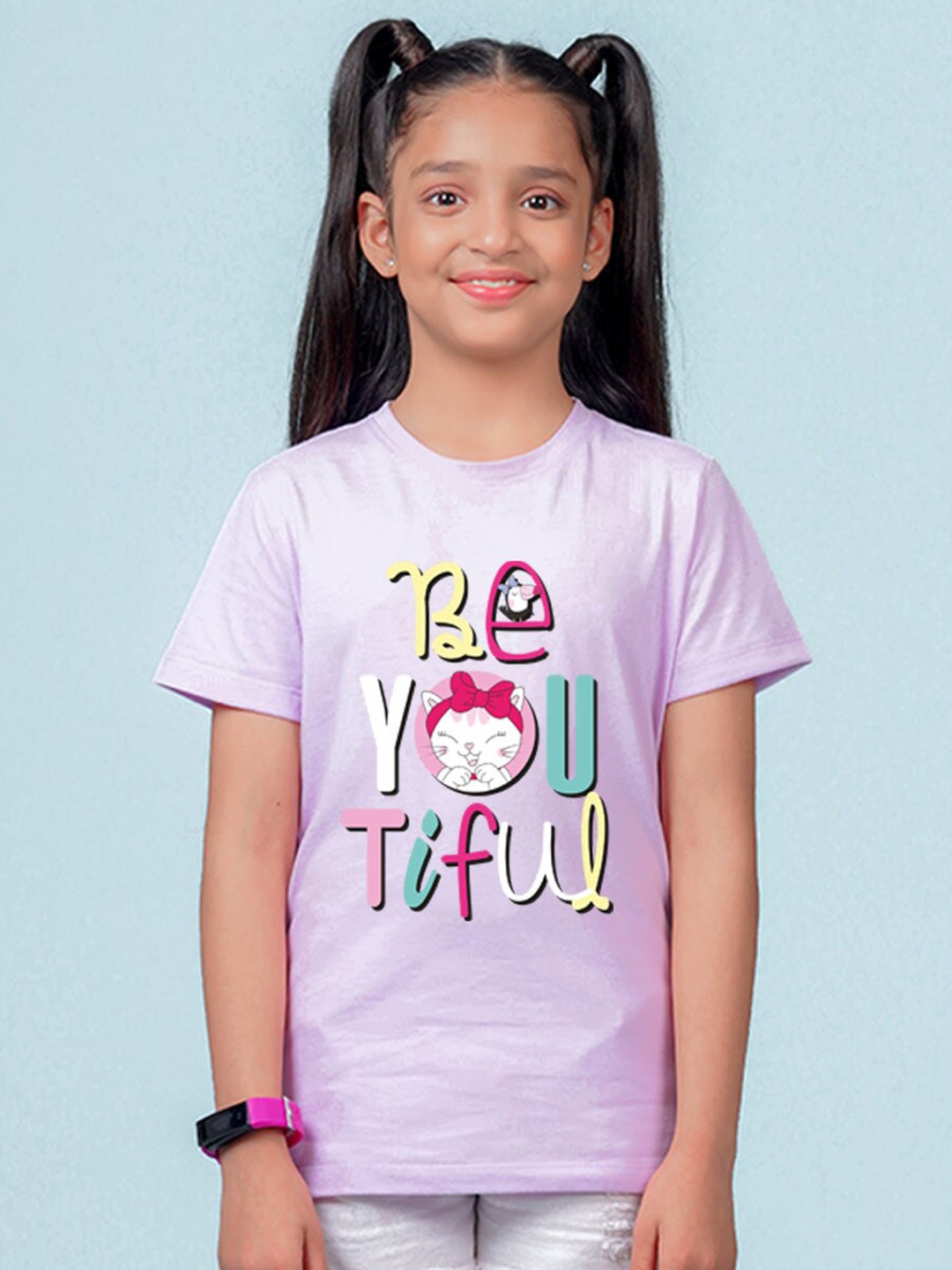 

NUSYL Girls Typography Printed Round Neck Short Sleeves T-shirt, Purple