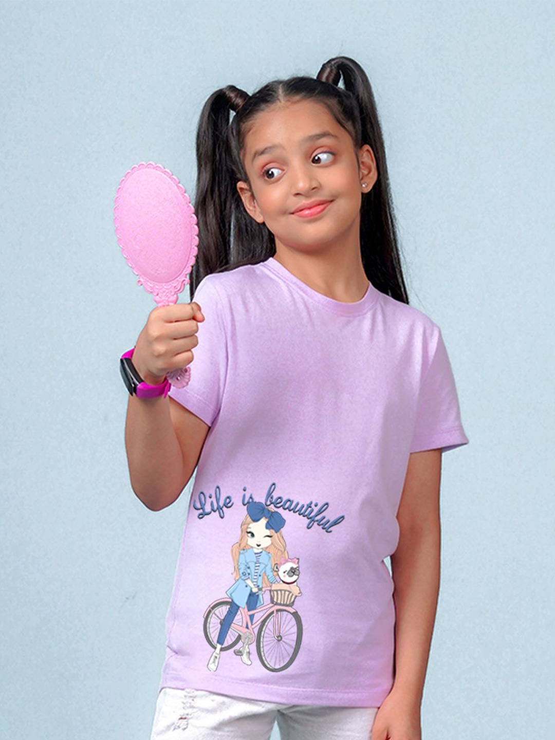

NUSYL Girls Graphic Printed Round Neck Cotton T-shirt, Purple
