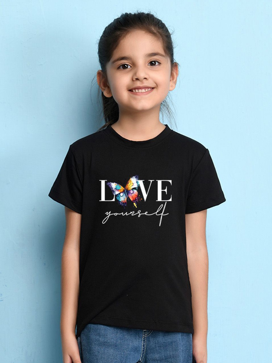 

NUSYL Girls Typographic Printed Round Neck T-shirt, Black