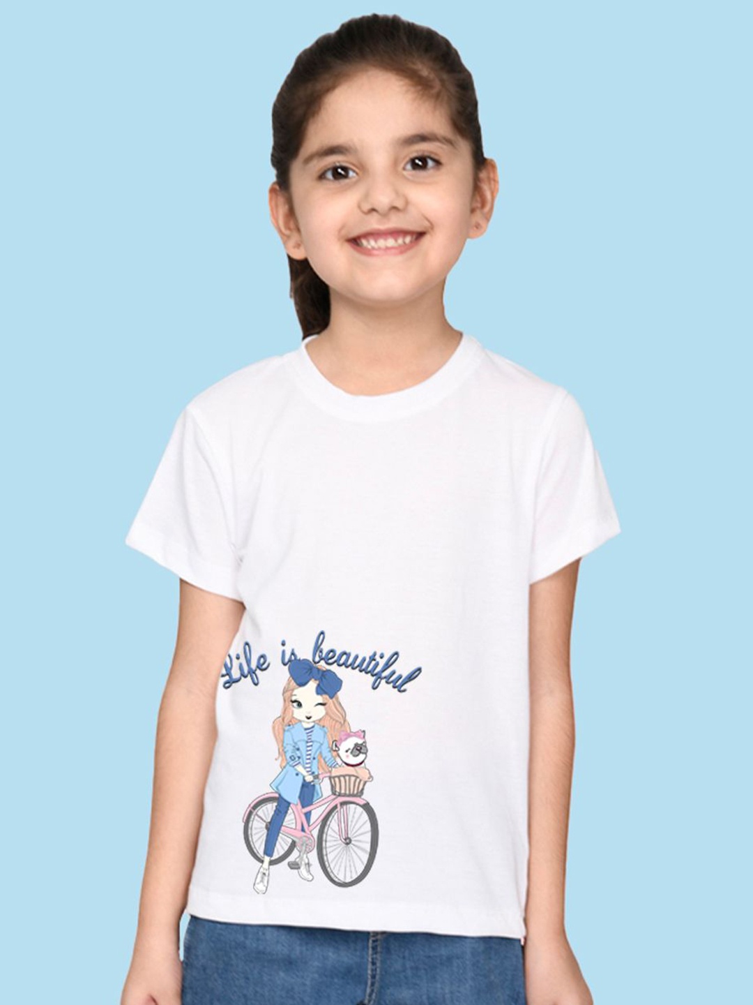 

NUSYL Girls Graphic Printed Round Neck T-shirt, White