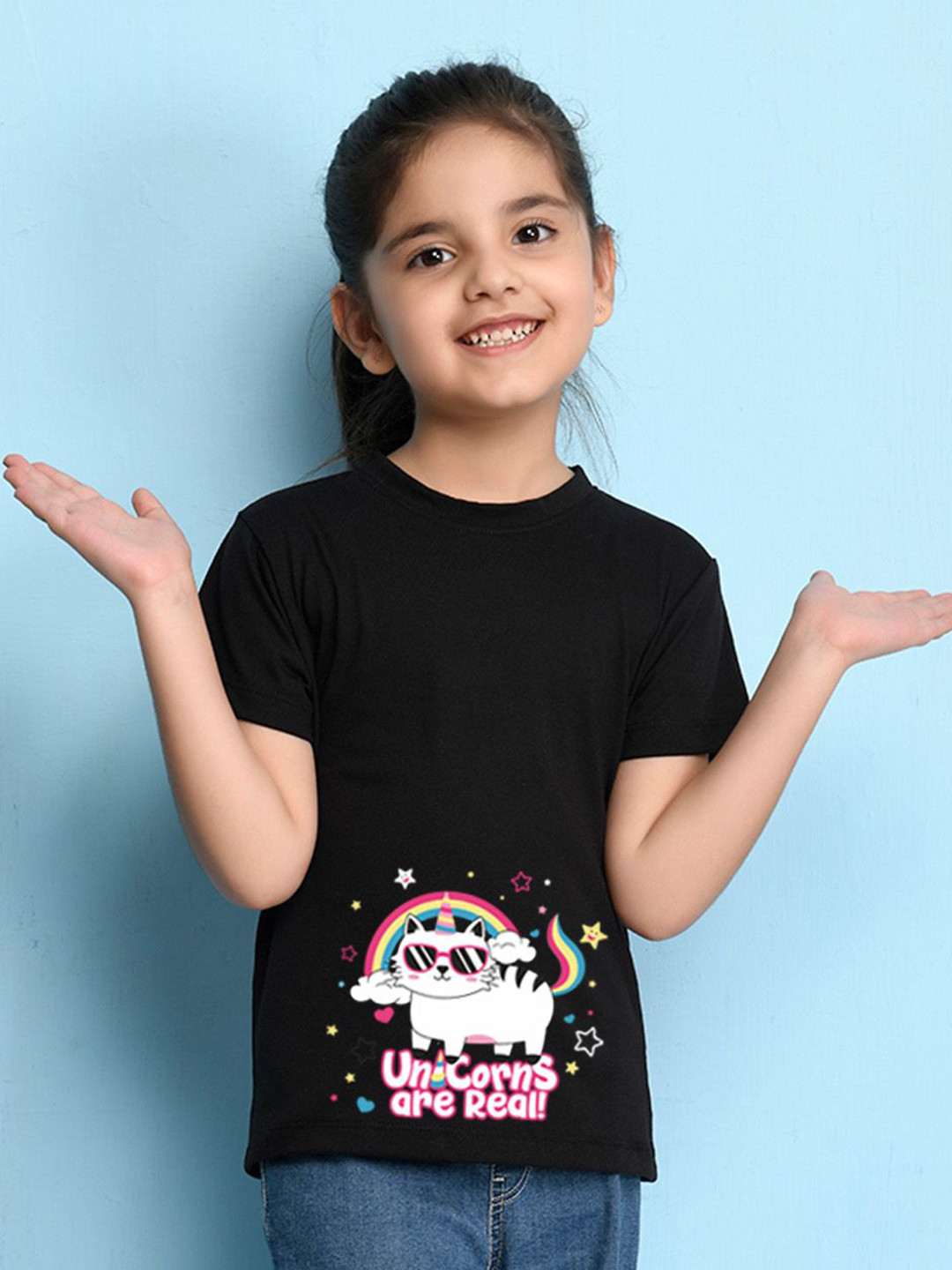 

NUSYL Girls Graphic Printed Round Neck Casual T-shirt, Black