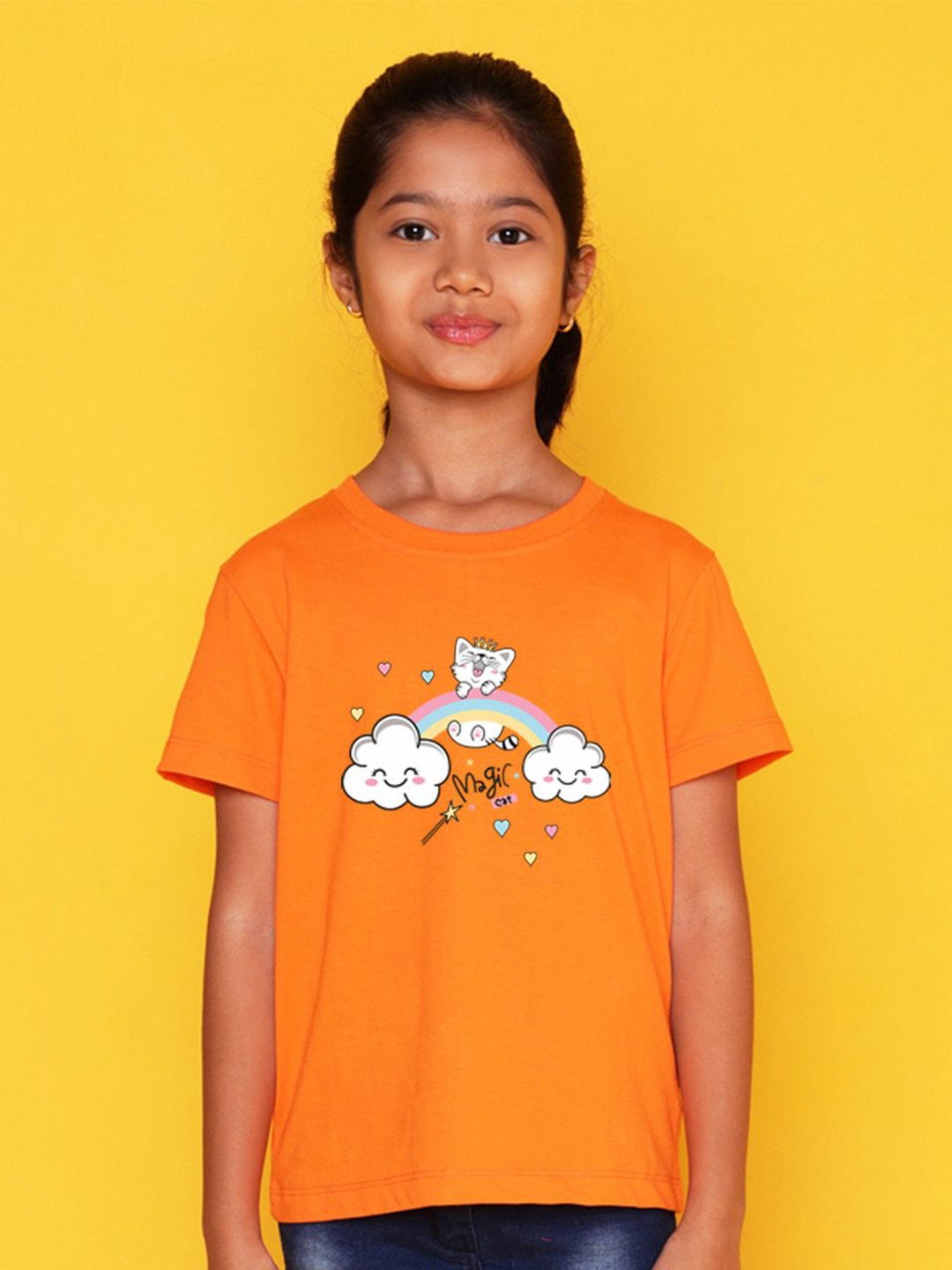 

NUSYL Girls Cat & Rainbow Printed Round Neck Casual T-shirt, Orange
