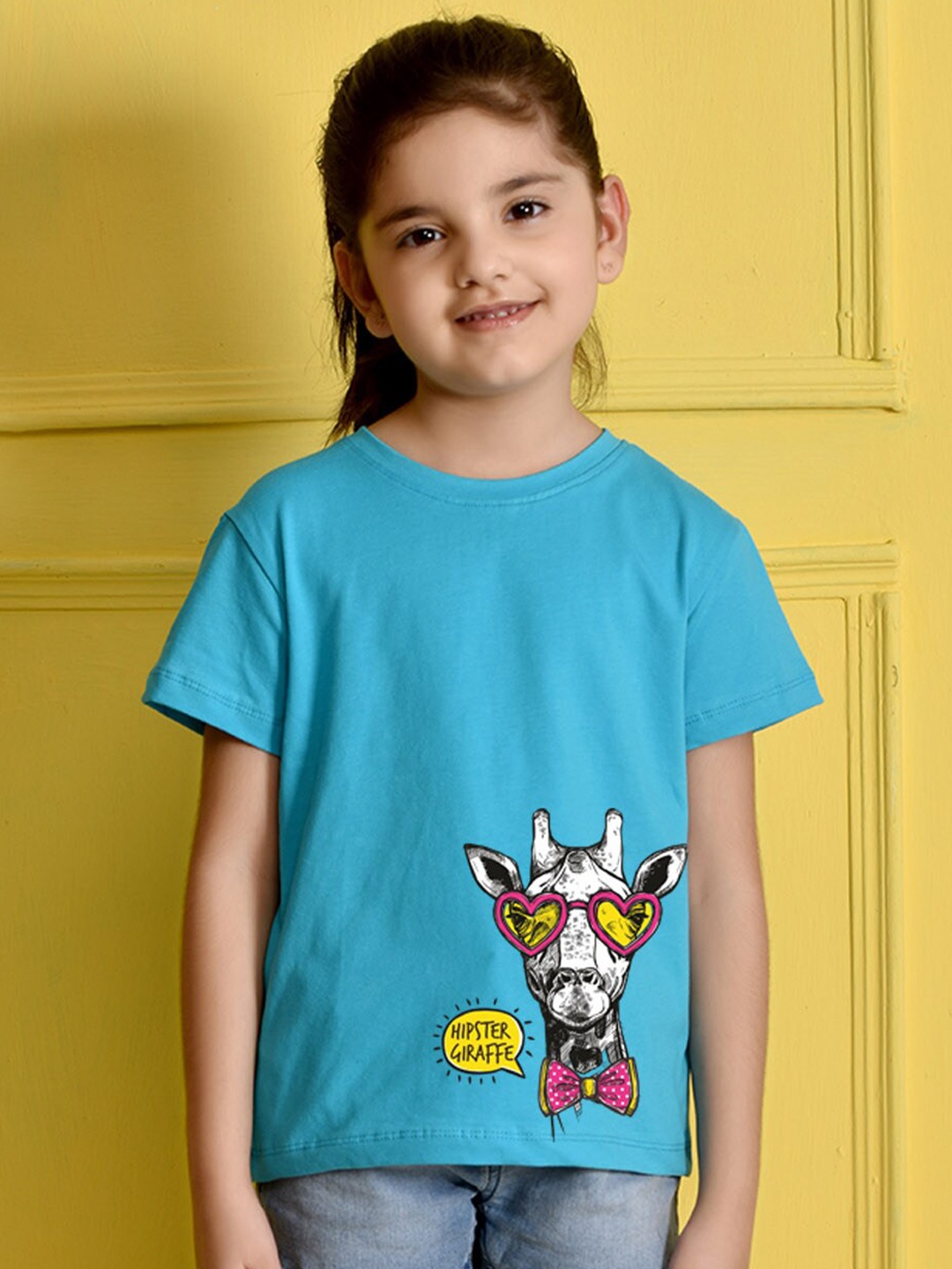 

NUSYL Girls Hipster Giraffe Printed Round Neck Casual T-shirt, Blue
