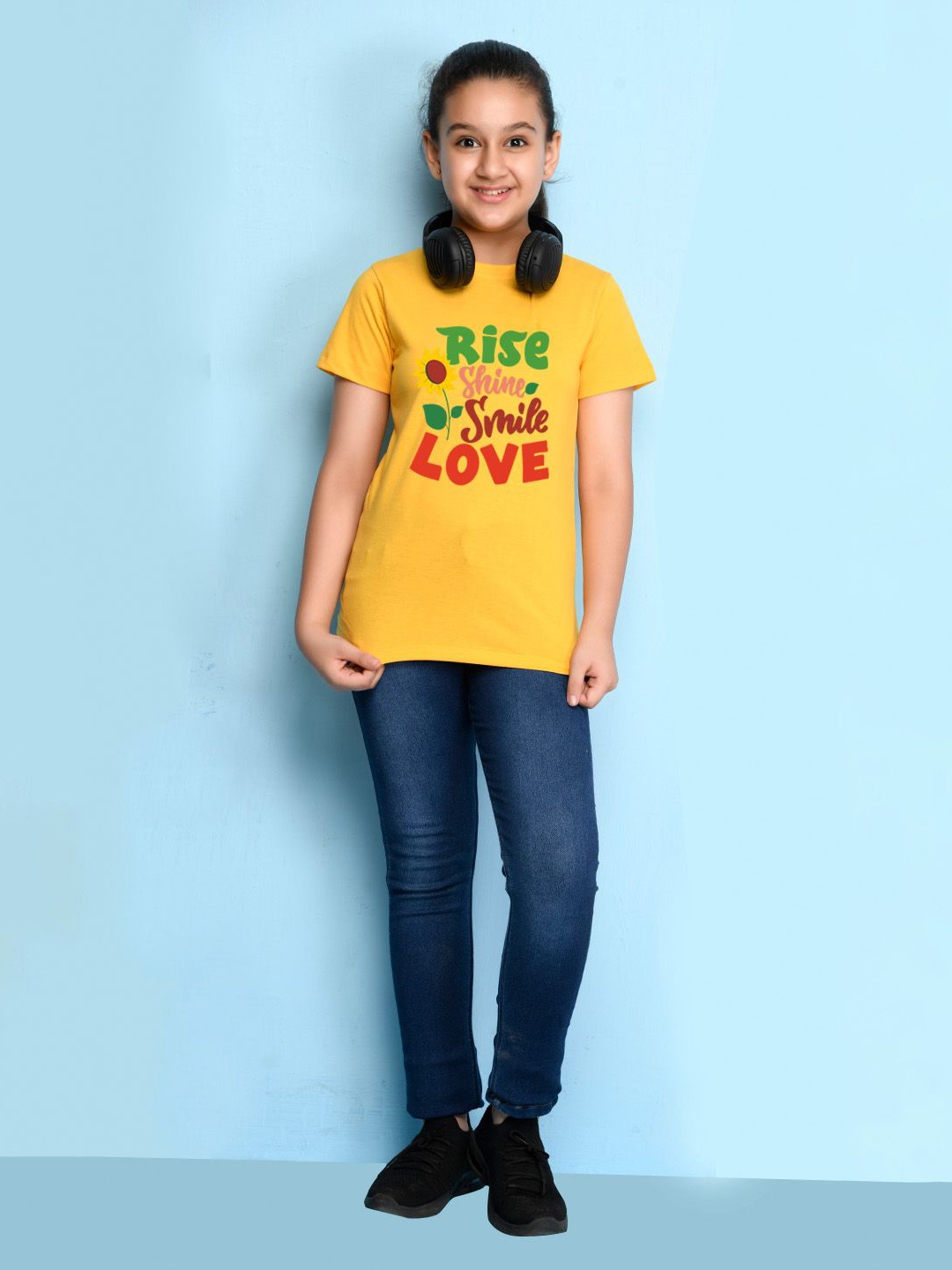 

NUSYL Girls Typography Printed Round Neck Short Sleeves T-shirt, Yellow