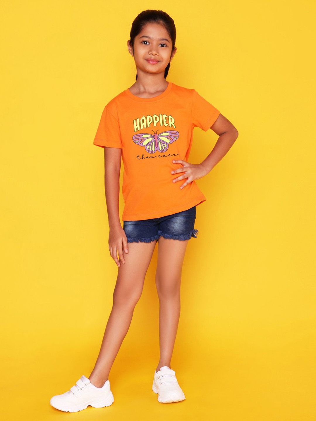 

NUSYL Girls Butterfly & Text Printed T-shirt, Orange