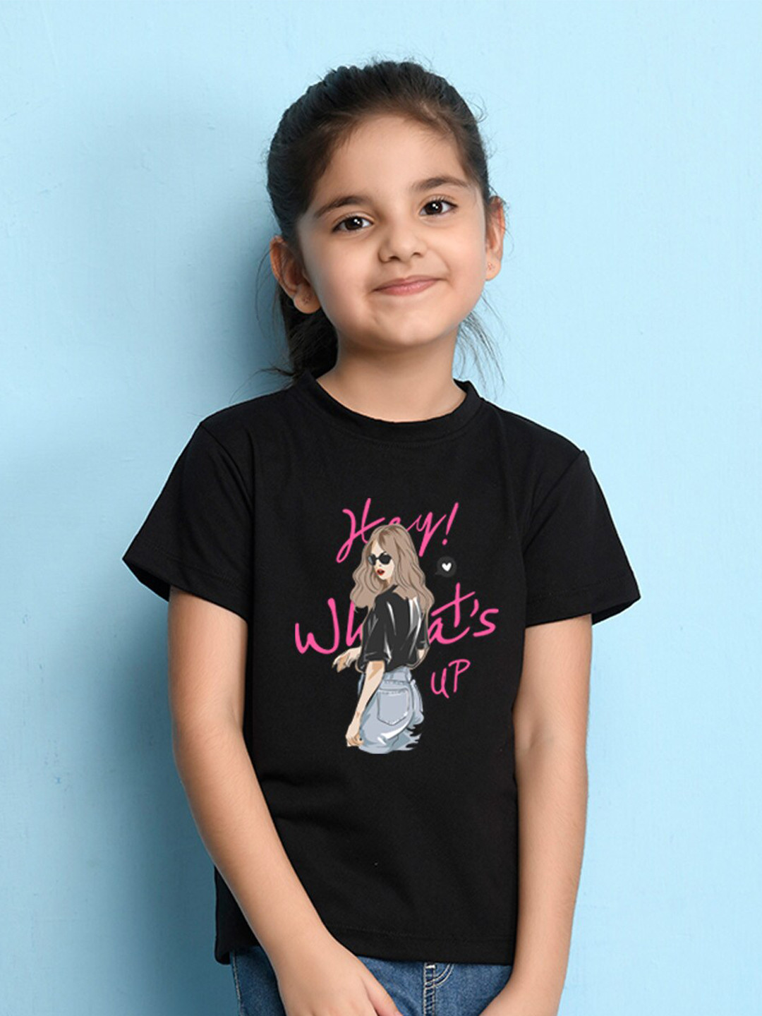 

NUSYL Girls Graphic Printed Round Neck Casual T-shirt, Black