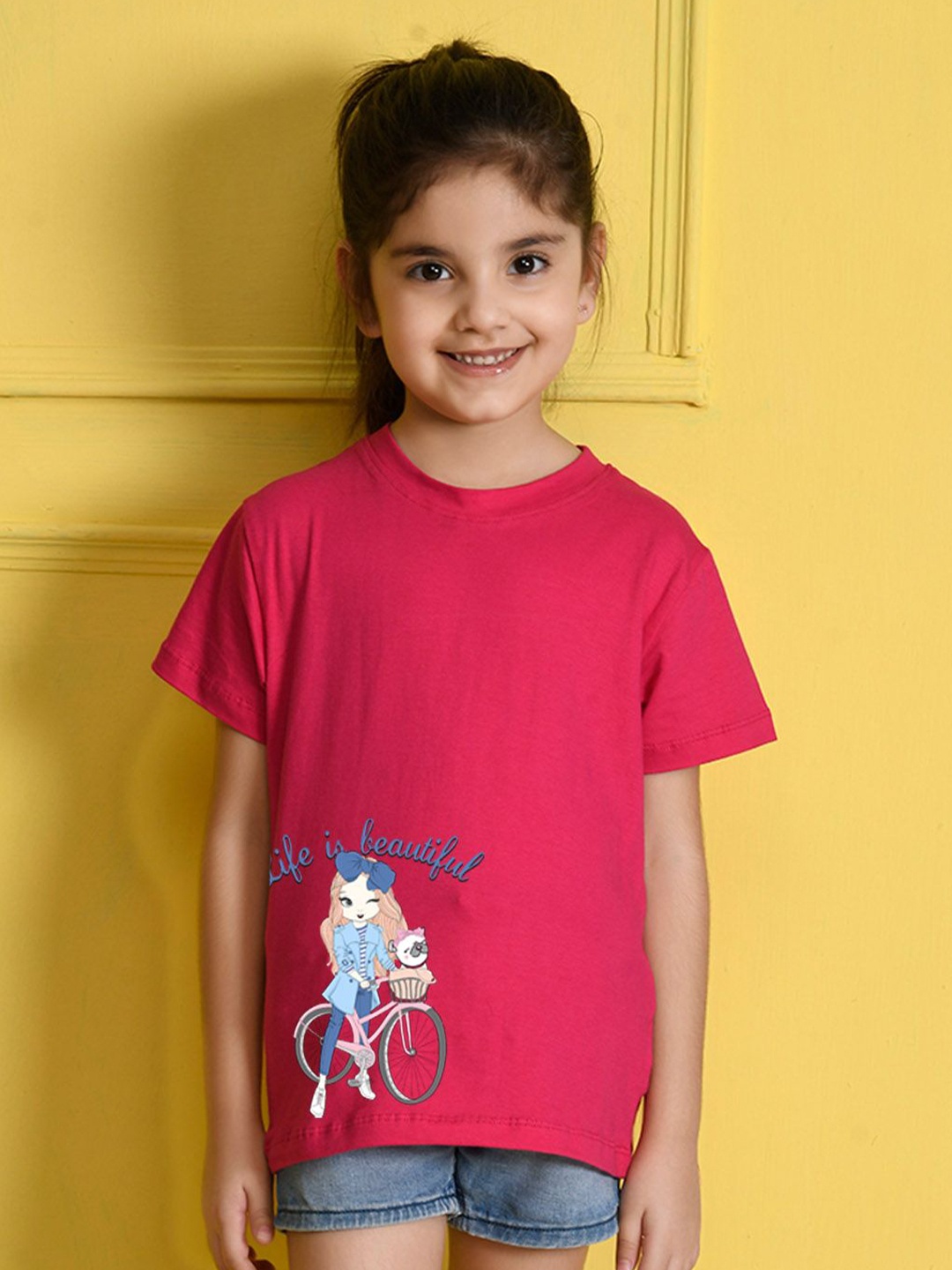 

NUSYL Girls Graphic Printed Round Neck T-shirt, Pink