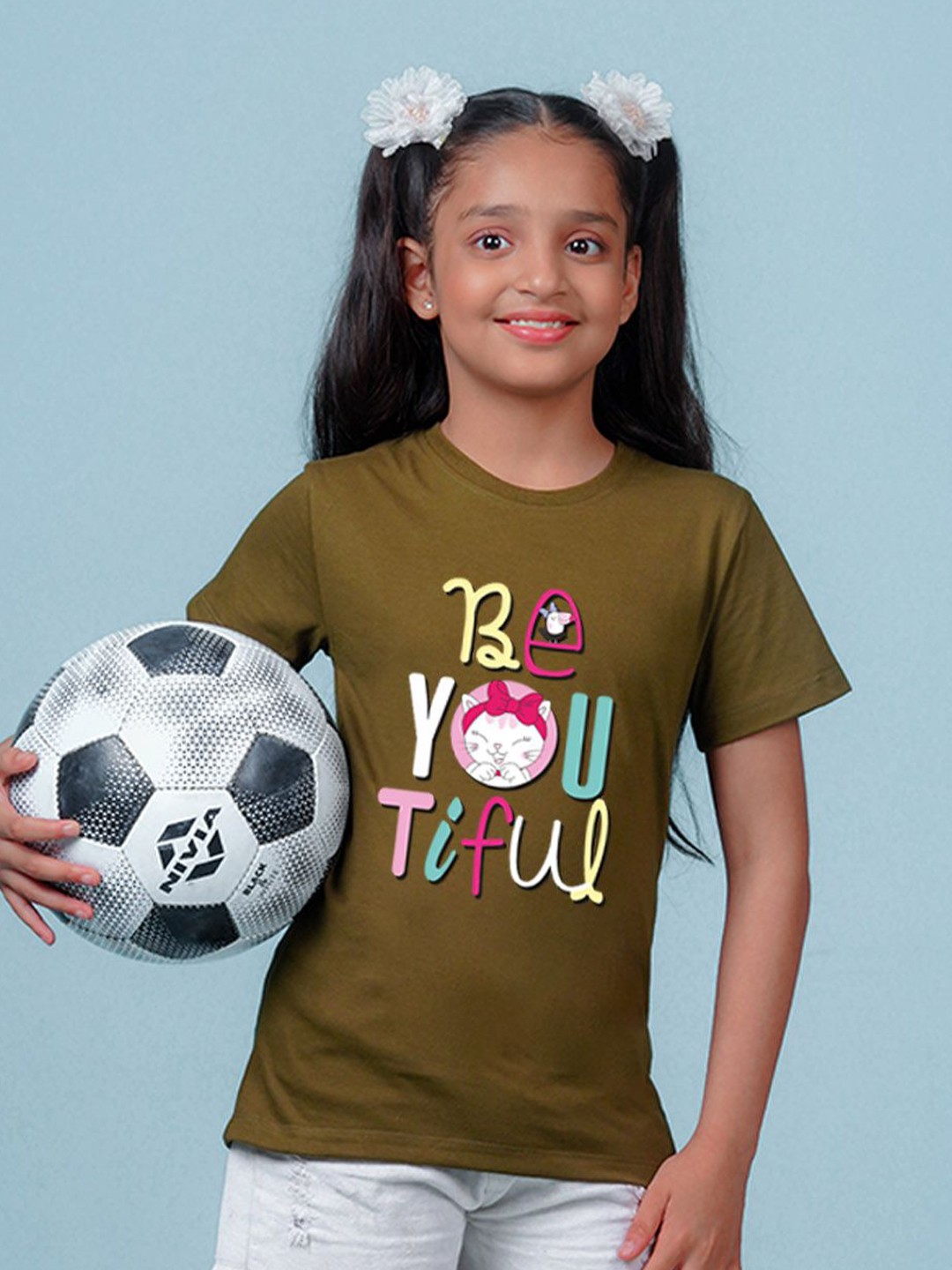 

NUSYL Girls Typography Printed Round Neck Short Sleeves T-shirt, Green