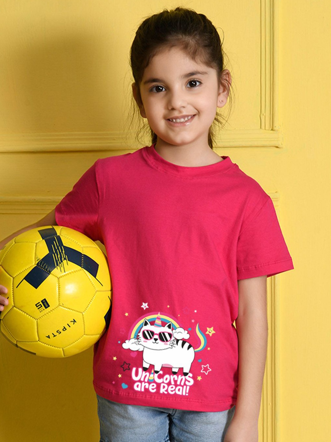 

NUSYL Girls Graphic Printed Round Neck T-shirt, Pink