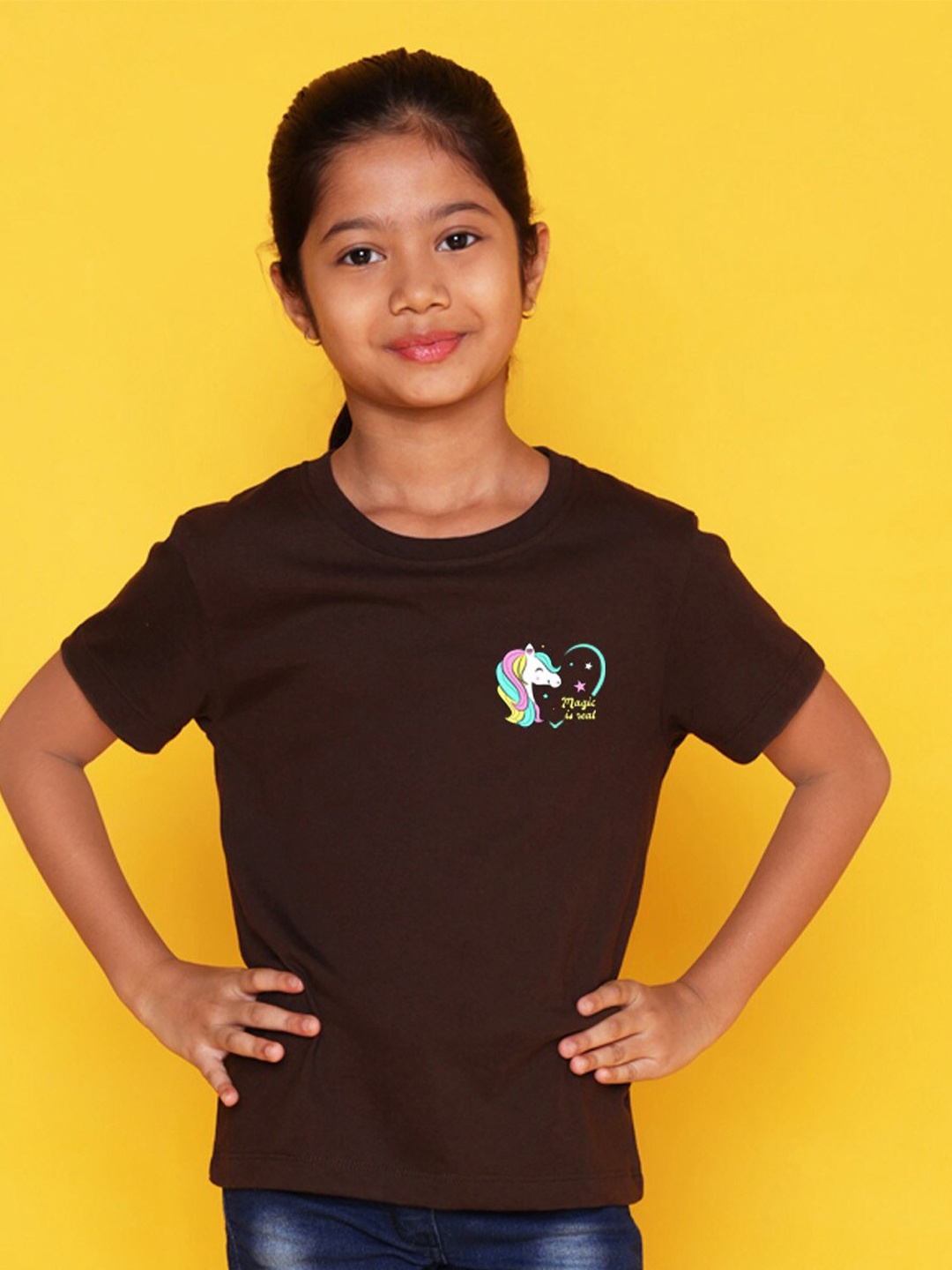 

NUSYL Girls Graphic Printed Round Neck T-shirt, Brown