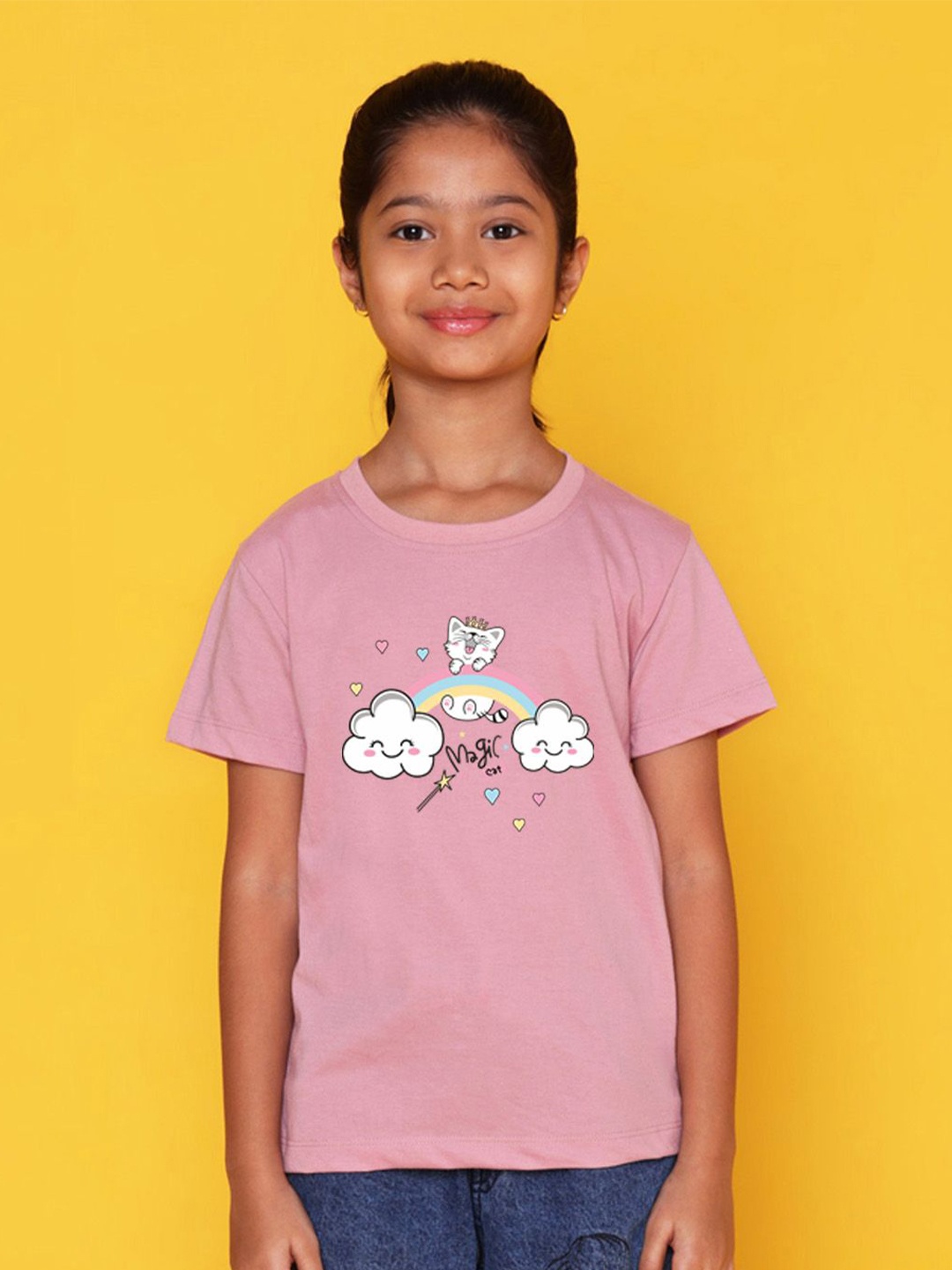 

NUSYL Girls Graphic Printed Round Neck T-shirt, Pink