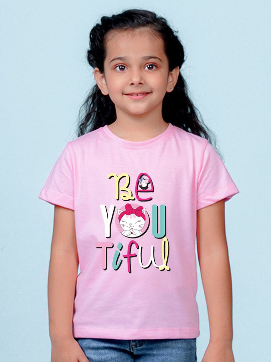 

NUSYL Girls Typography Printed Round Neck Casual T-shirt, Pink