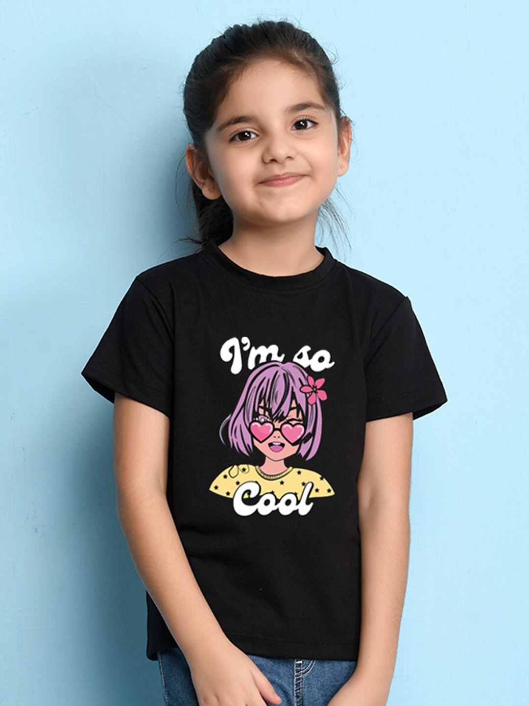 

NUSYL Girls Graphic Printed Round Neck Casual T-shirt, Black