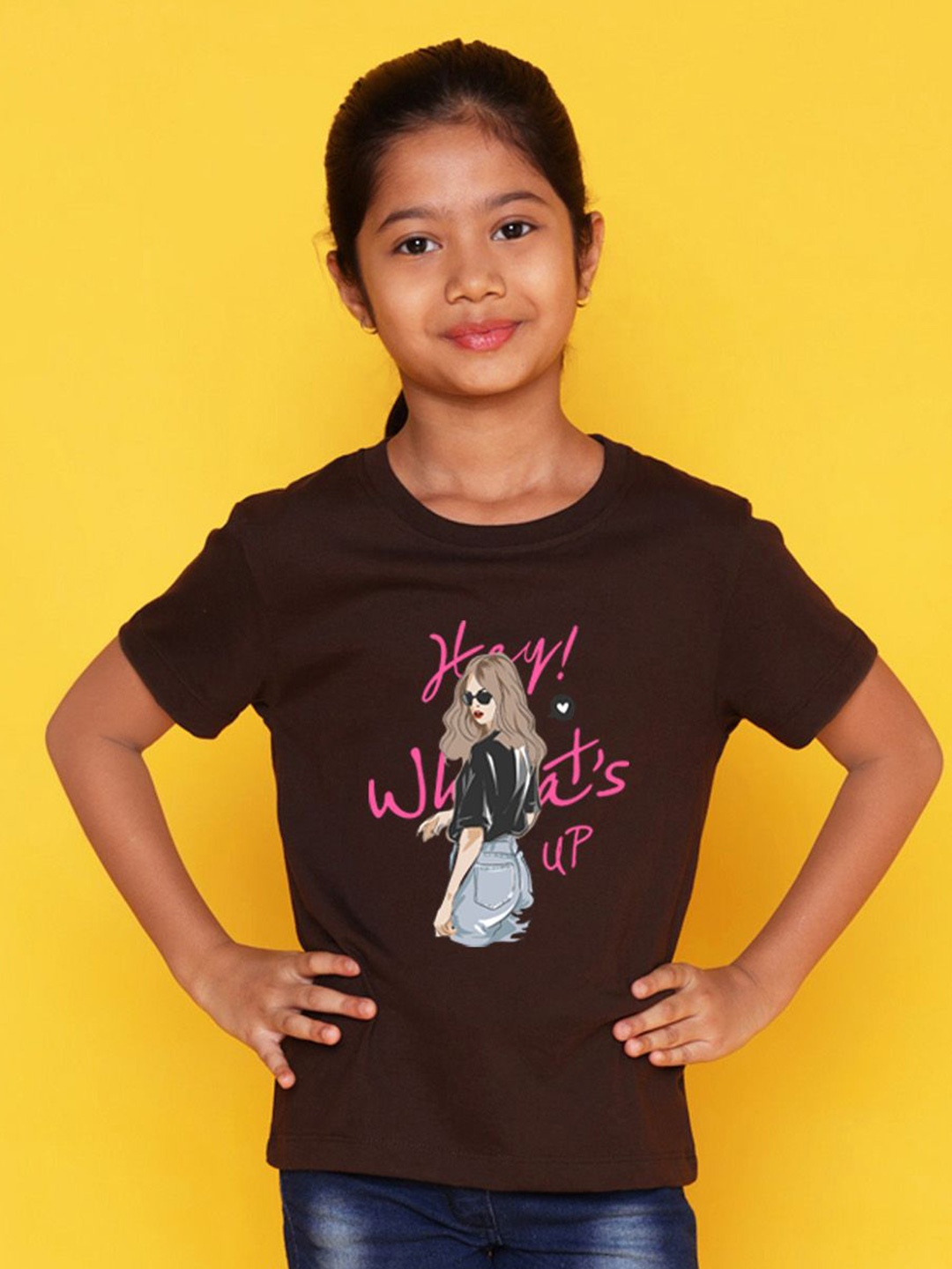 

NUSYL Girls Graphic Printed Round Neck Casual T-shirt, Brown