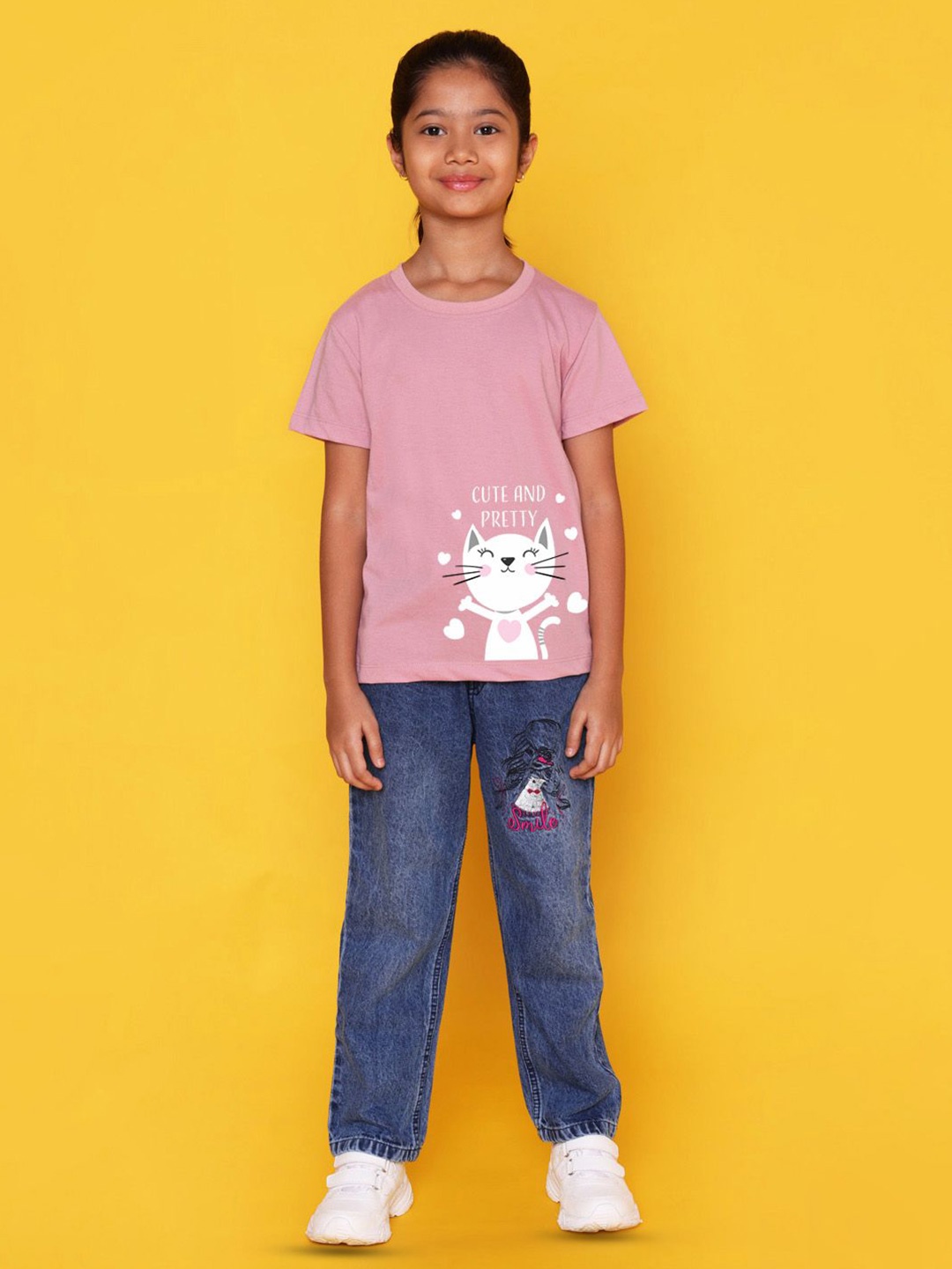 

NUSYL Girls Graphic Printed Round Neck Casual T-shirt, Pink