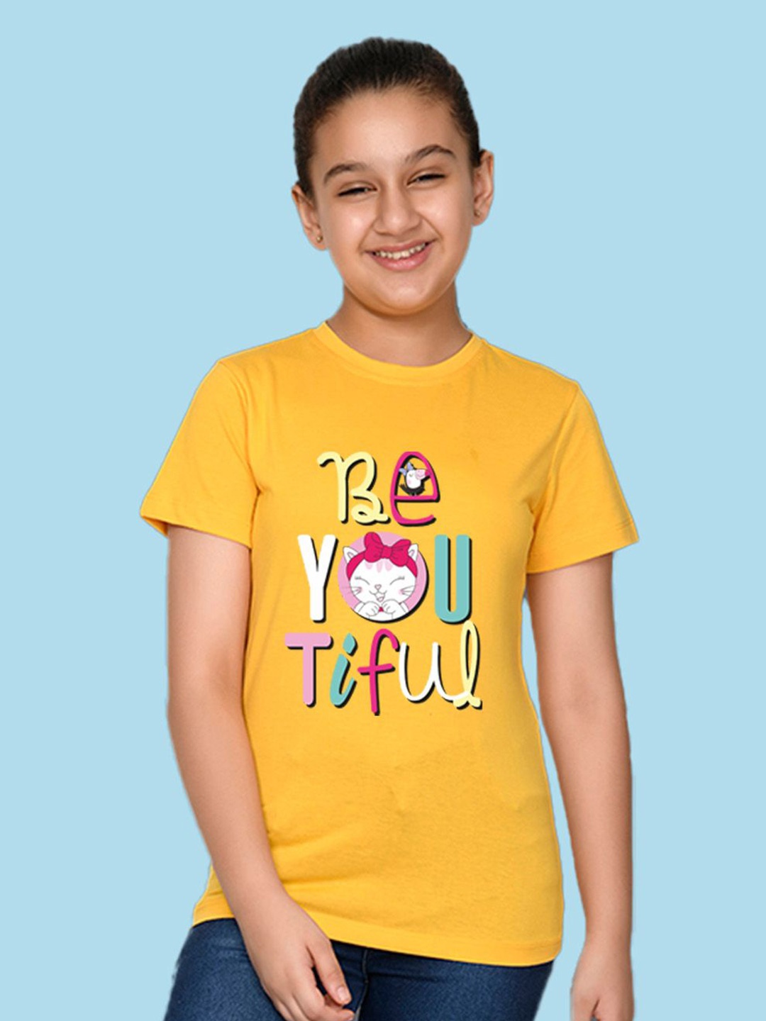 

NUSYL Girls Typography Printed T-shirt, Yellow