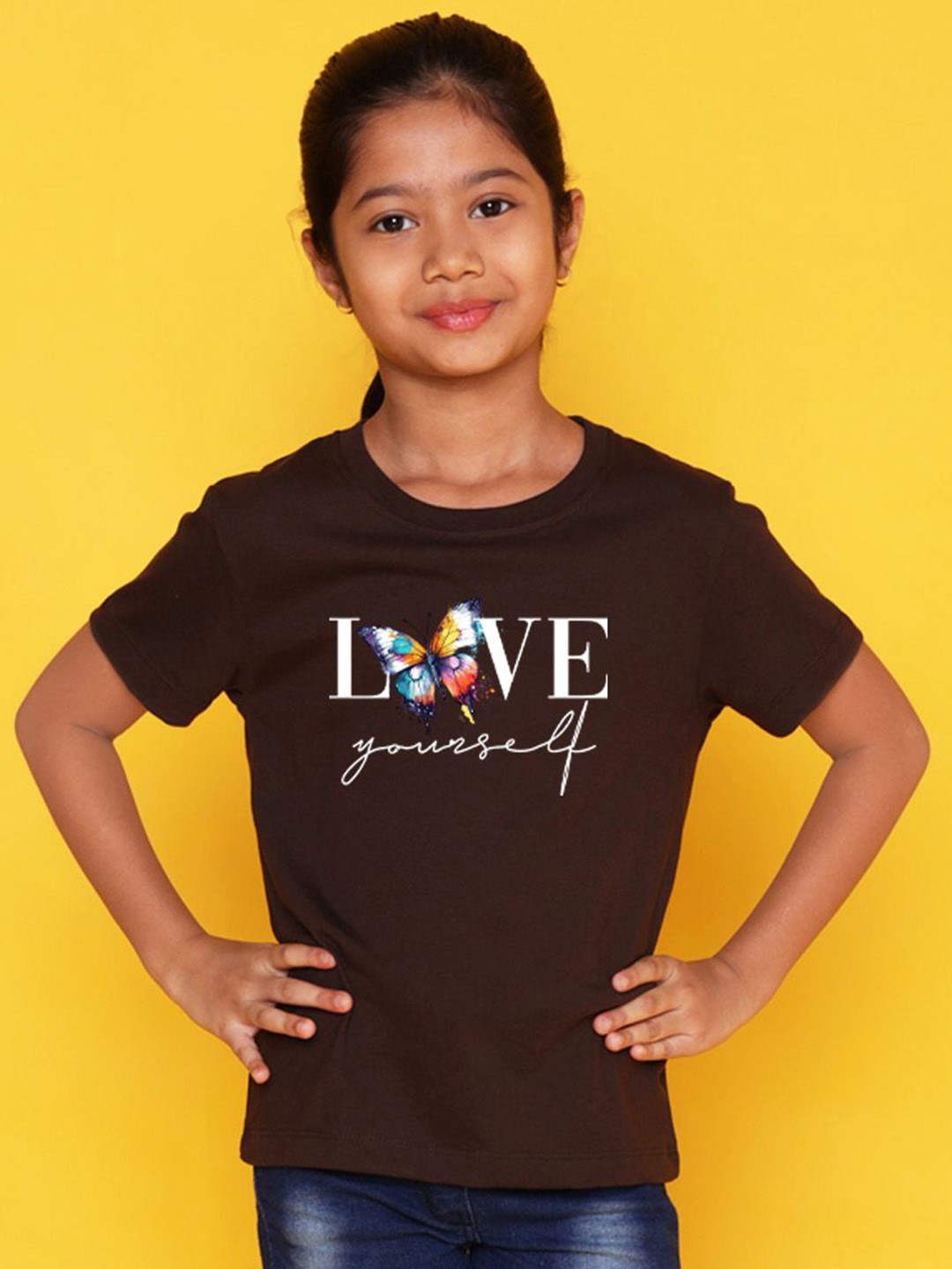

NUSYL Girls Typography Printed Round Neck Cotton T-shirt, Brown