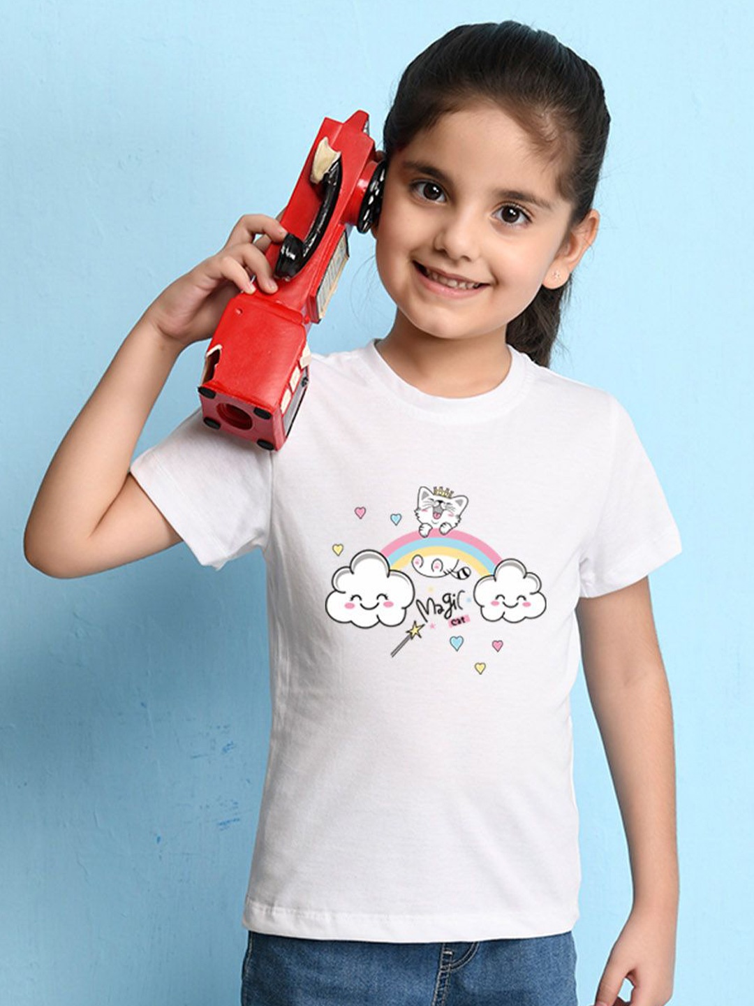 

NUSYL Girls Graphic Printed Round Neck Casual T-shirt, White