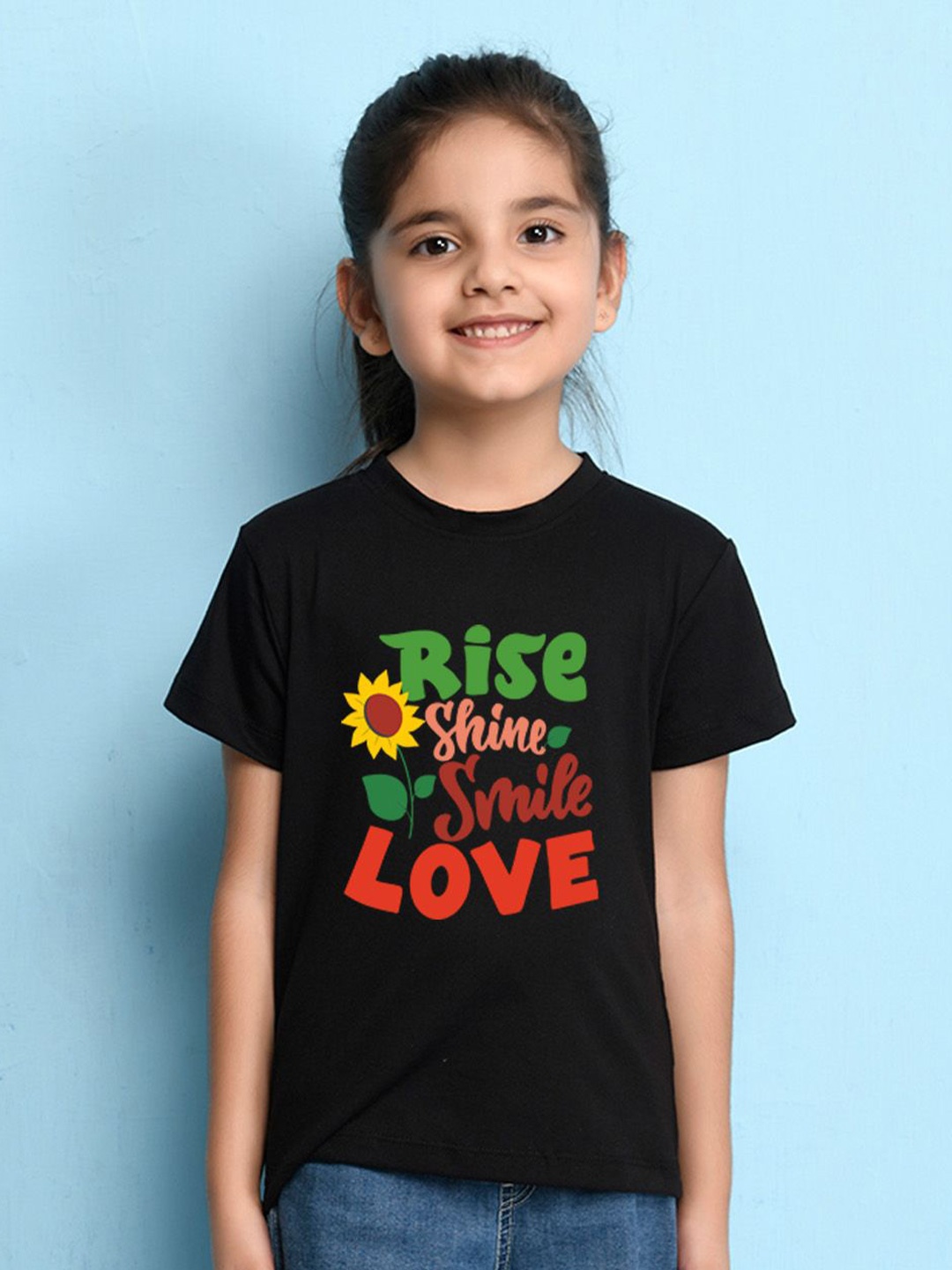 

NUSYL Girls Flower & Text Printed Round Neck Casual T-shirt, Black