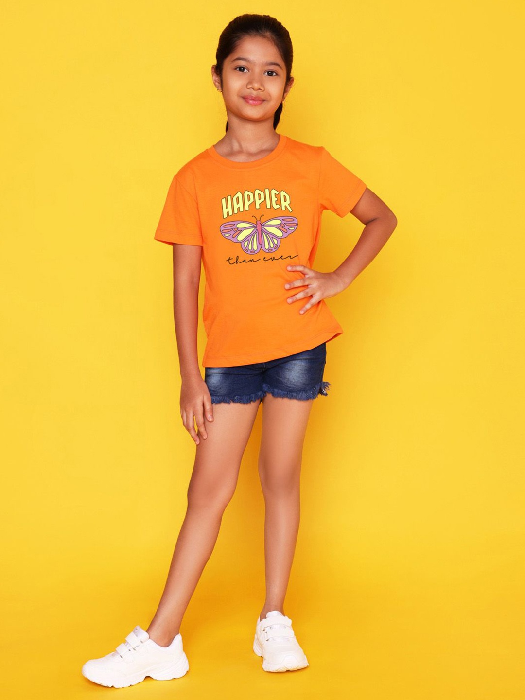 

NUSYL Girls Typography Printed Round Neck Cotton T-shirt, Orange