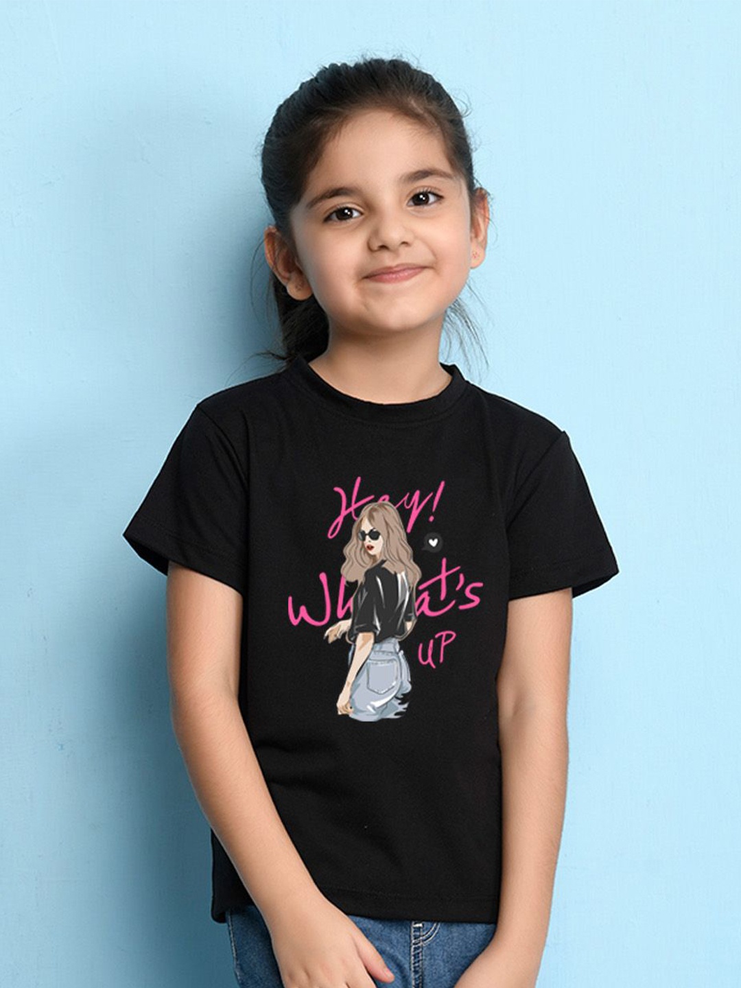 

NUSYL Girls Graphic Printed Round Neck Casual T-shirt, Black