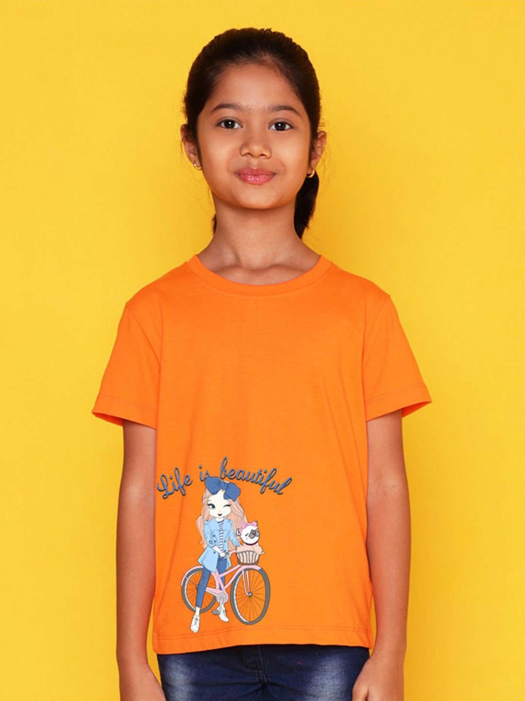 

NUSYL Girls Graphic Printed Round Neck Casual T-shirt, Orange