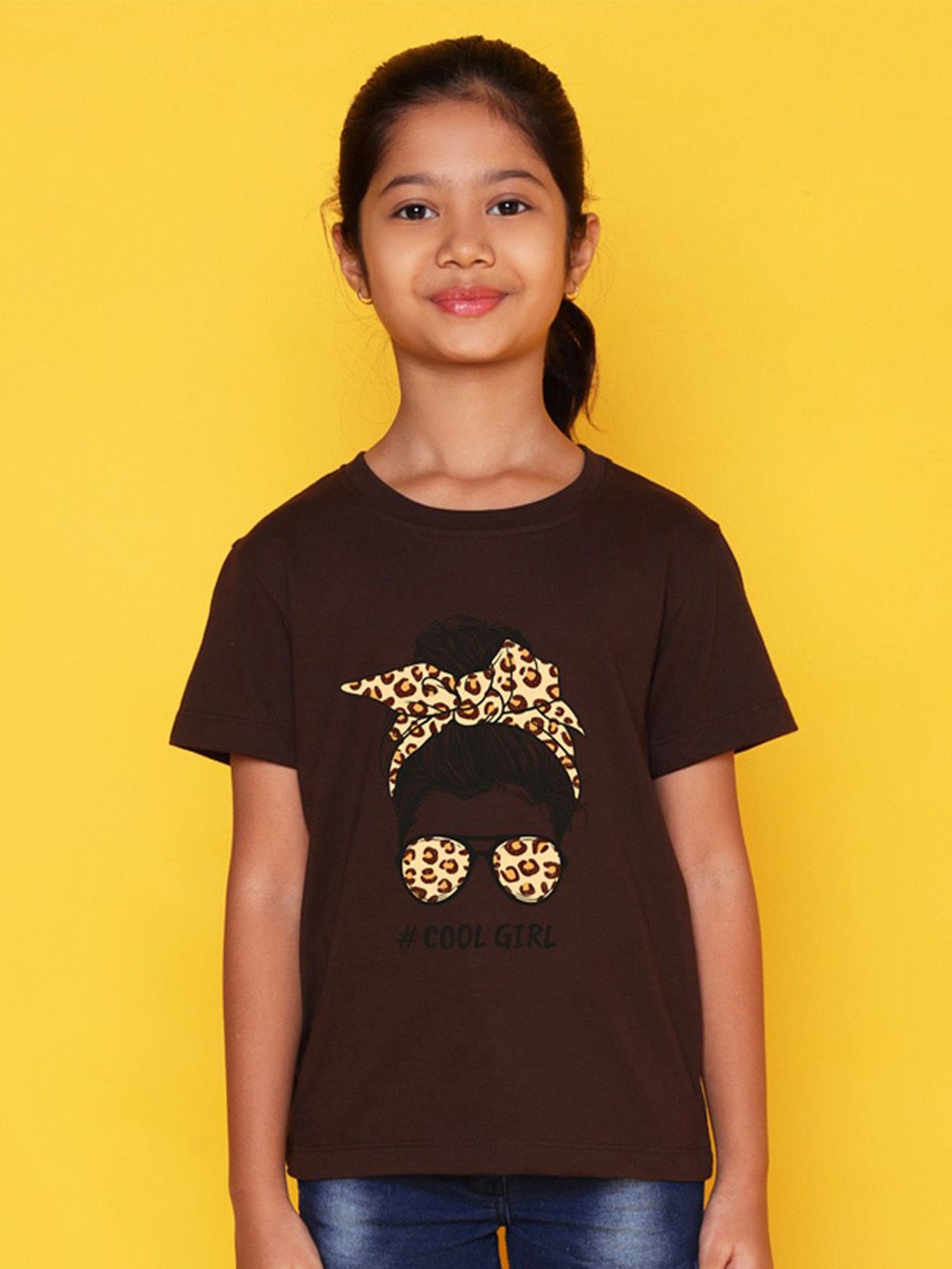

NUSYL Girls Graphic Printed Round Neck T-shirt, Brown