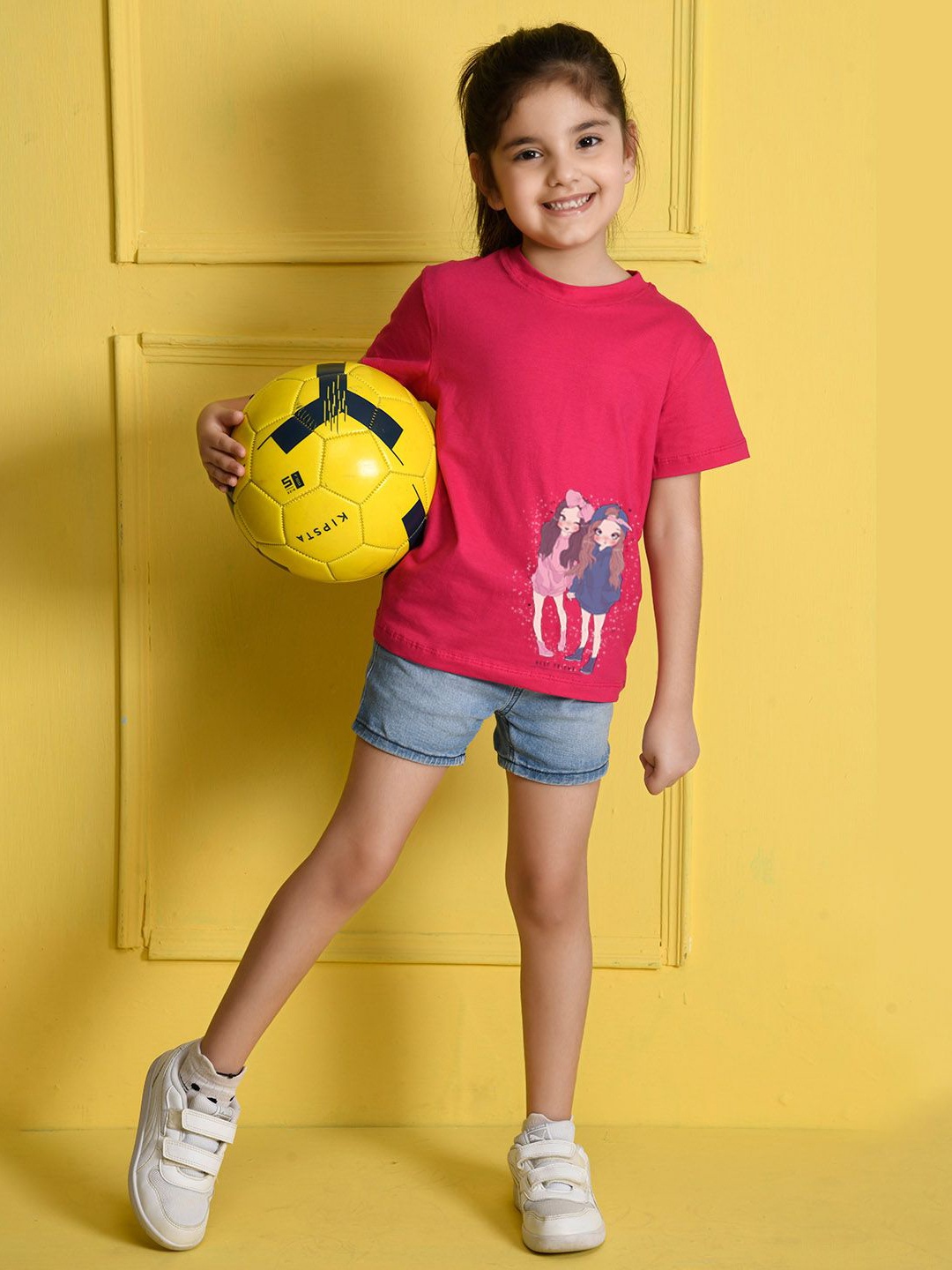 

NUSYL Girls Printed V-Neck Applique T-shirt, Pink