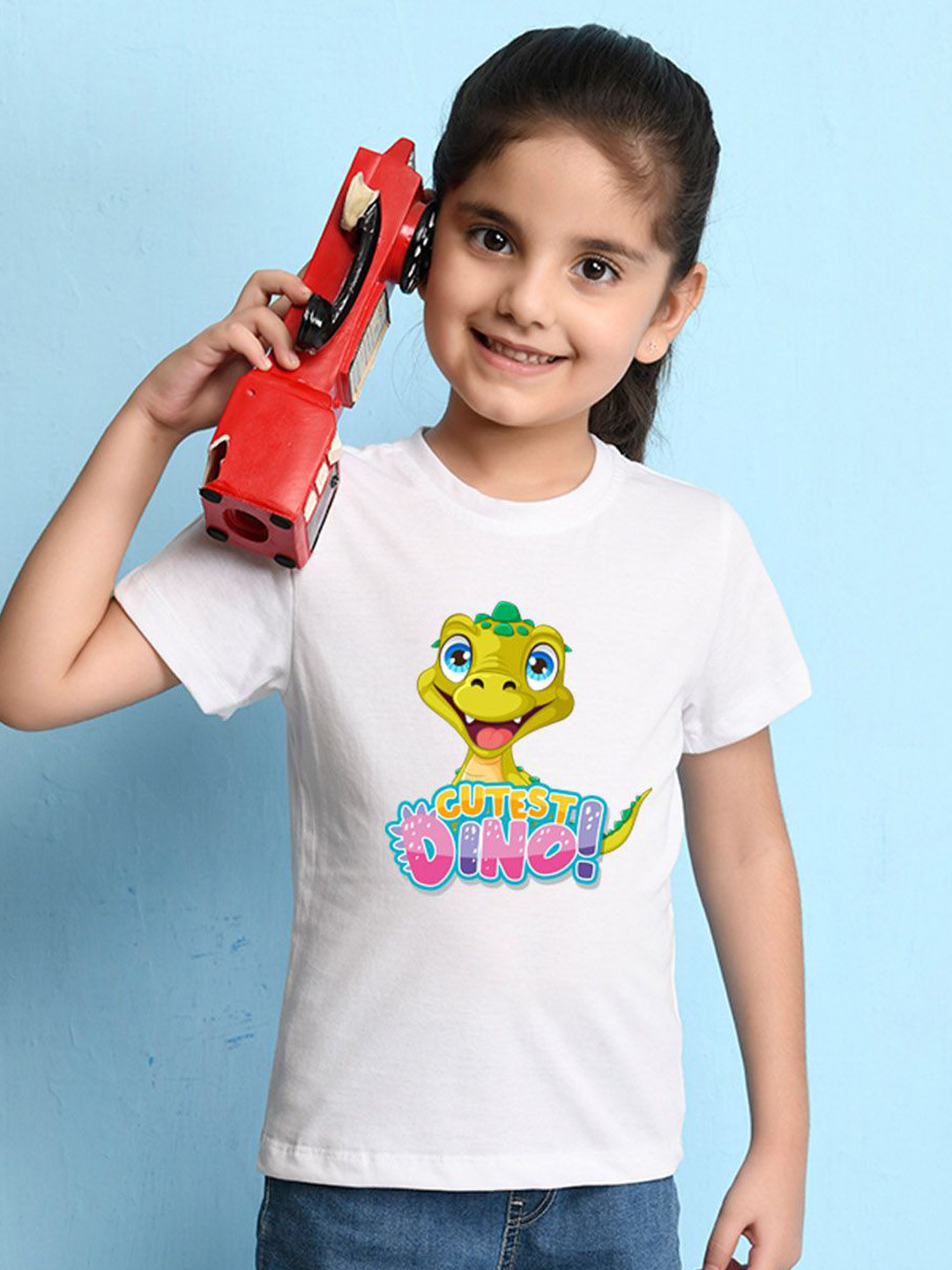 

NUSYL Girls Text & Dinosaur Printed Round Neck Casual T-shirt, White