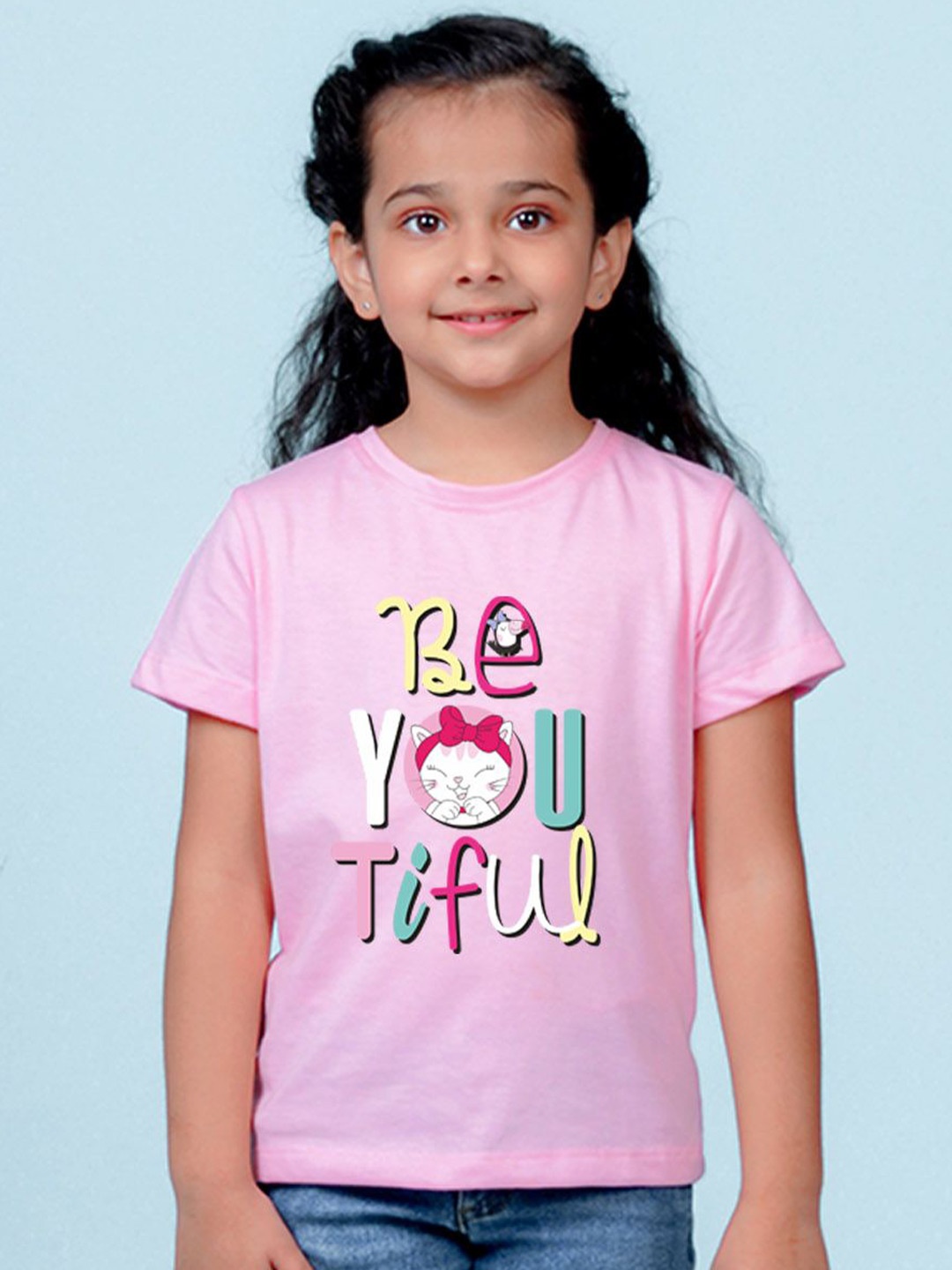 

NUSYL Girls Typography Printed Round Neck Casual T-shirt, Pink