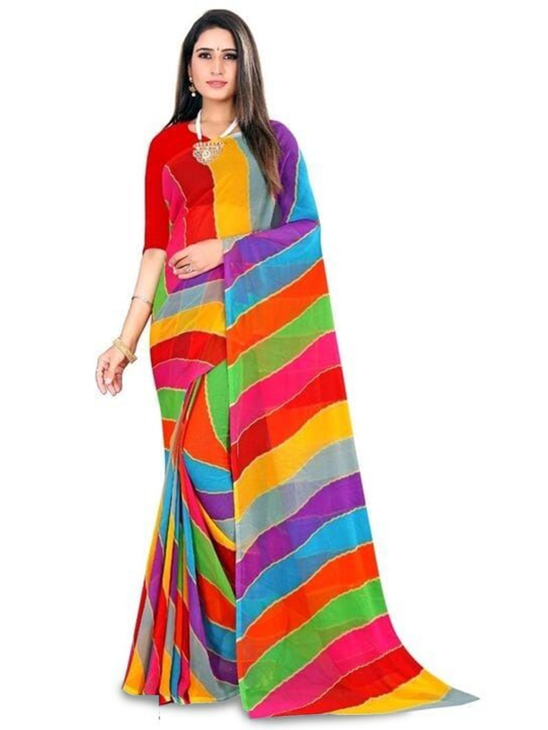 

Pemal Designer Printe Pure Georgette Leheriya Saree, Red