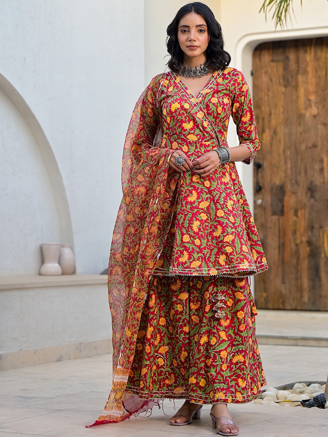 

Divena Floral Printed Angrakha Gotta Patti Pure Cotton Kurta with Trousers & Dupatta, Maroon
