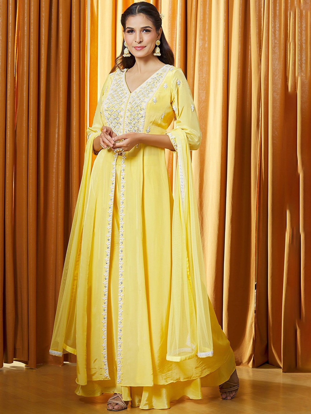 

KALINI Floral Embroidered High Slit Thread Work Kurta With Palazzos & Dupatta, Yellow