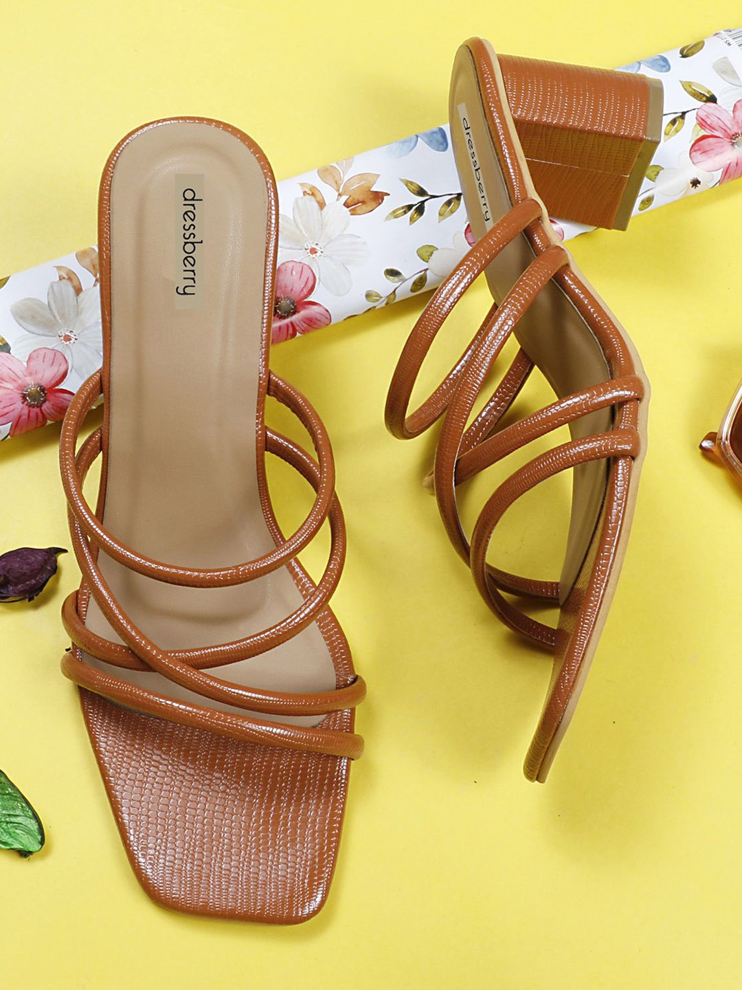 

DressBerry Tan Brown Open Toe Block Heels