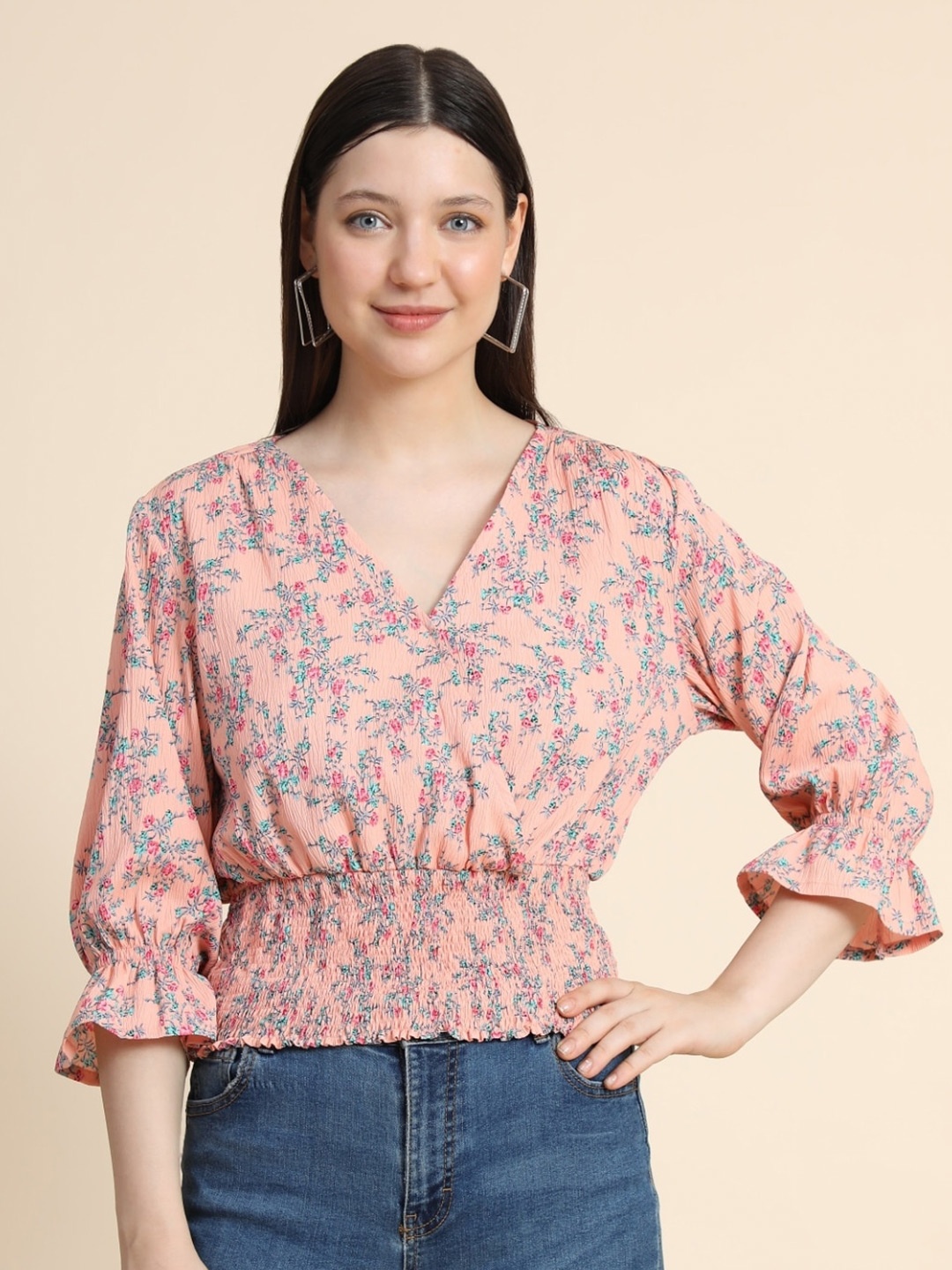 

BAESD Floral Print Puff Sleeves Smocked Cinched Waist Top, Peach