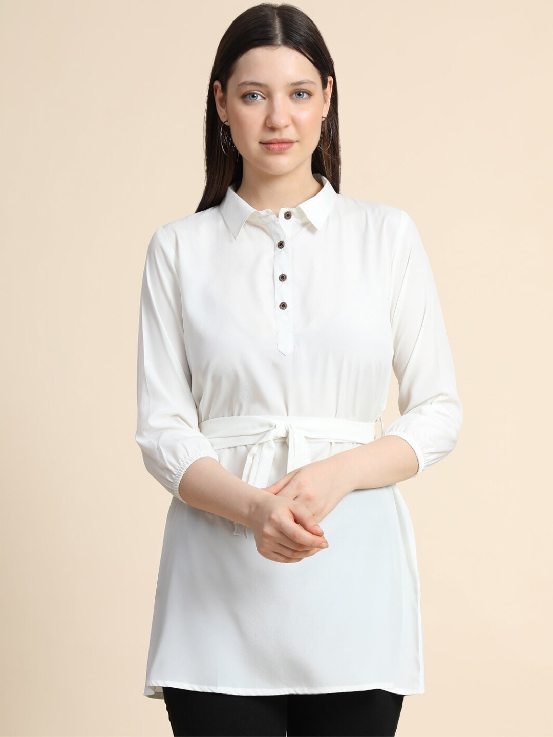 

BAESD Shirt Collar Puff Sleeves Waist Tie-Ups Longline Regular Top, White