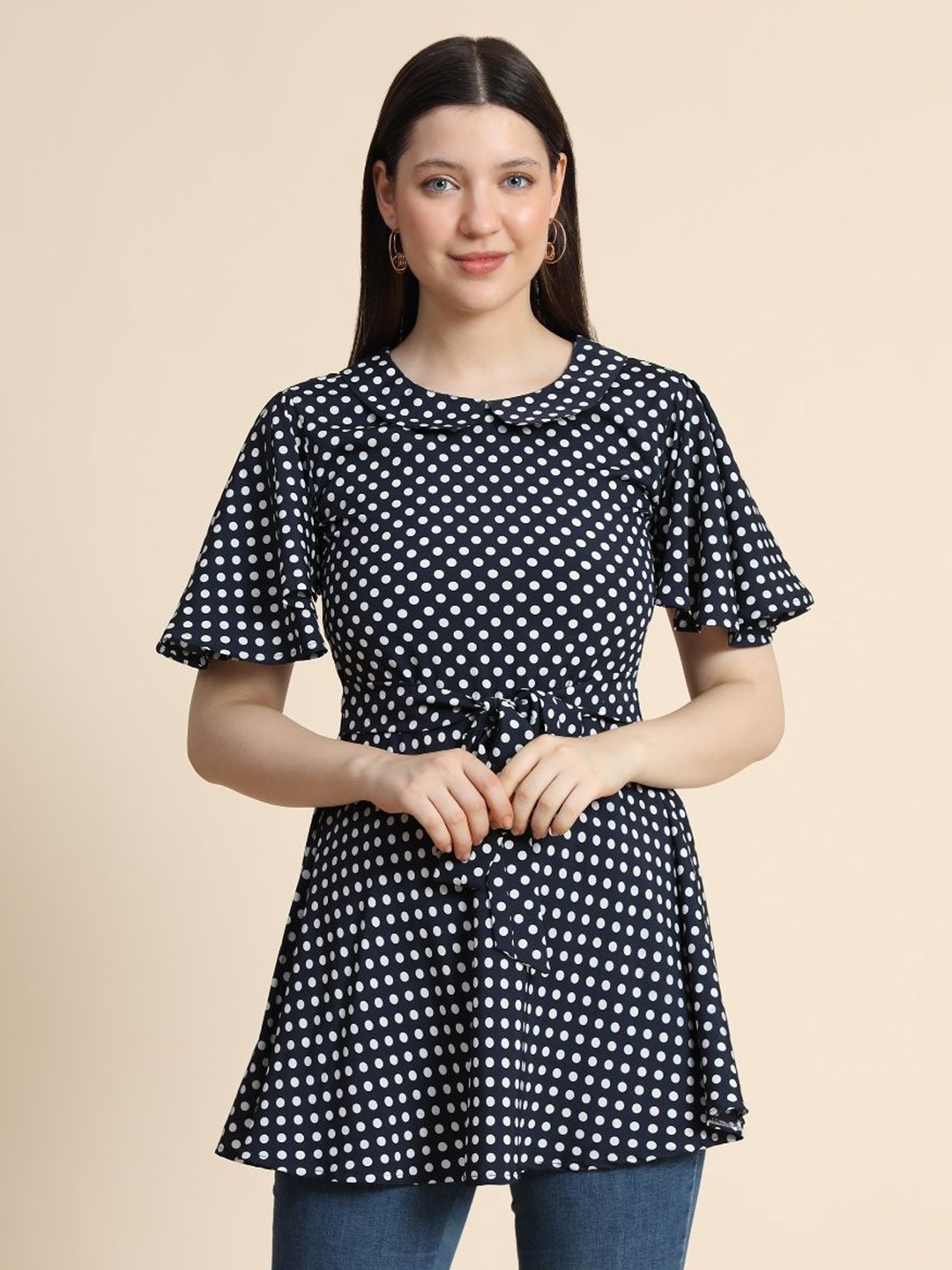 

BAESD Polka Dot Print Peter Pan Collar Flared Sleeves Regular Top, Navy blue