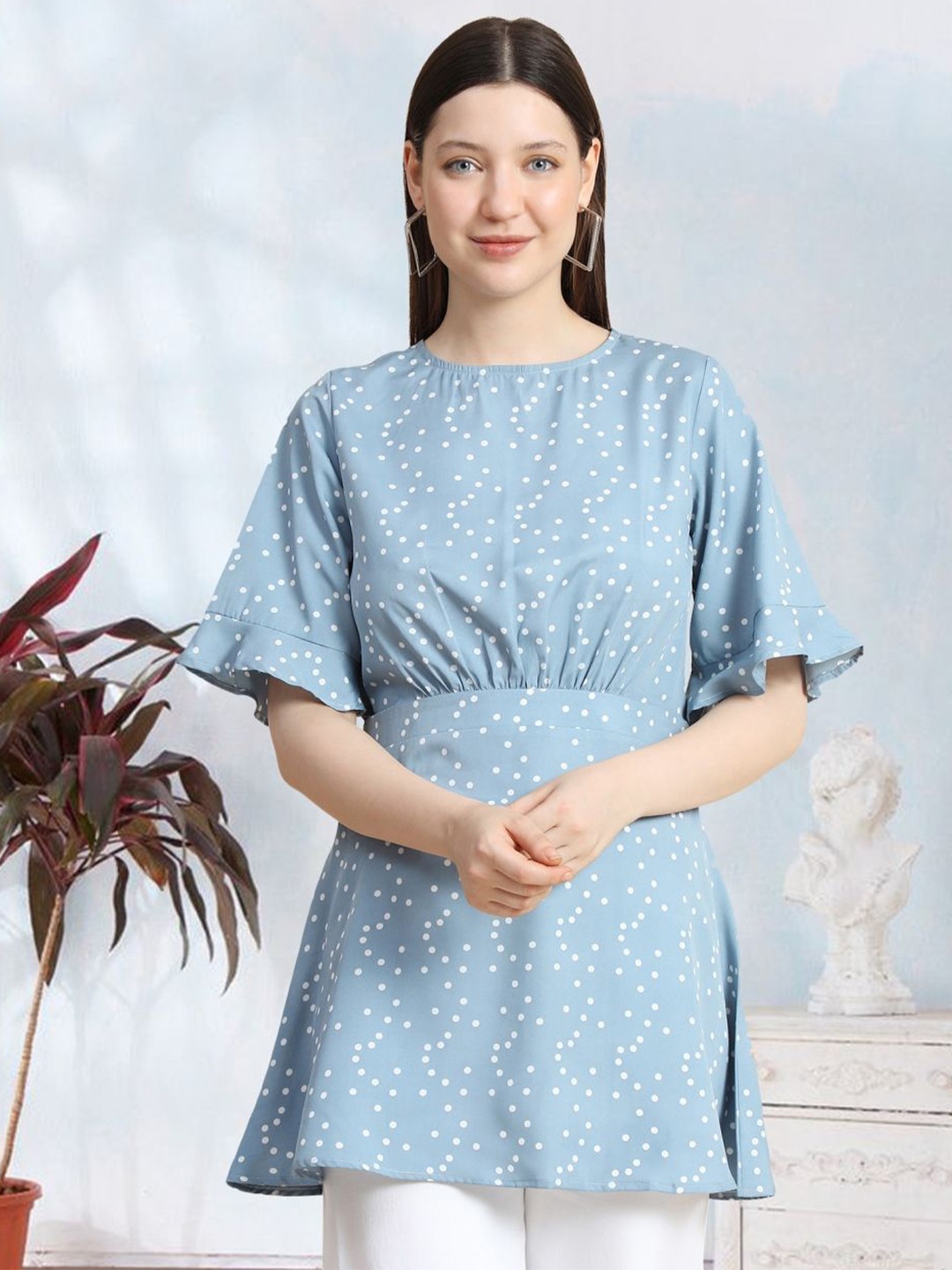 

BAESD Polka Dot Print Flared Sleeves Longline Cinched Waist Top, Blue