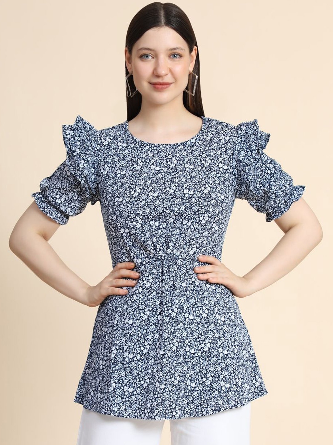 

BAESD Floral Print Puff Sleeves Cinched Waist Longline Top, Navy blue