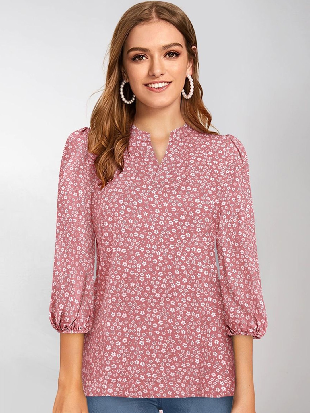 

BAESD Floral Print Mandarin Collar Puff Sleeves Regular Top, Peach