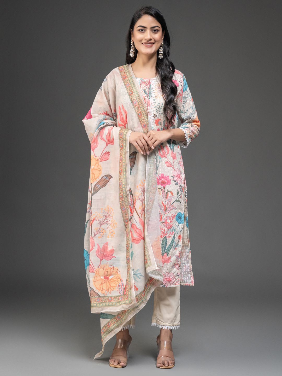

DARIAN Floral Printed Round Neck Pure Cotton Kurta with Trousers & Dupatta, Grey