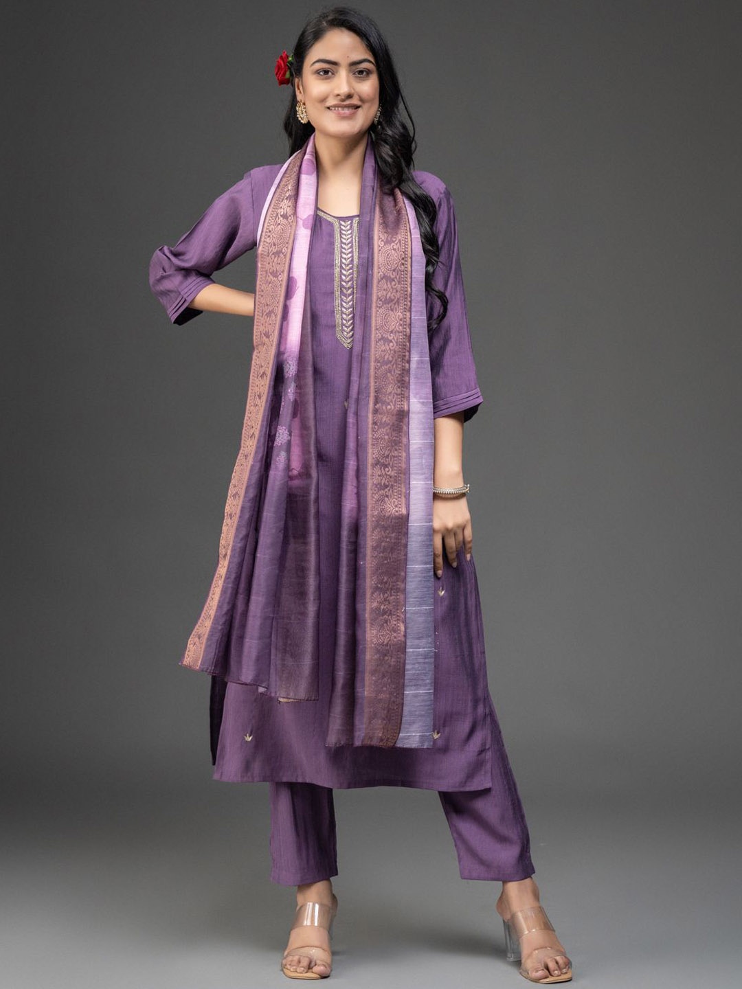 

DARIAN Floral Embroidered Regular Thread Work Kurta with Trousers & Dupatta, Purple