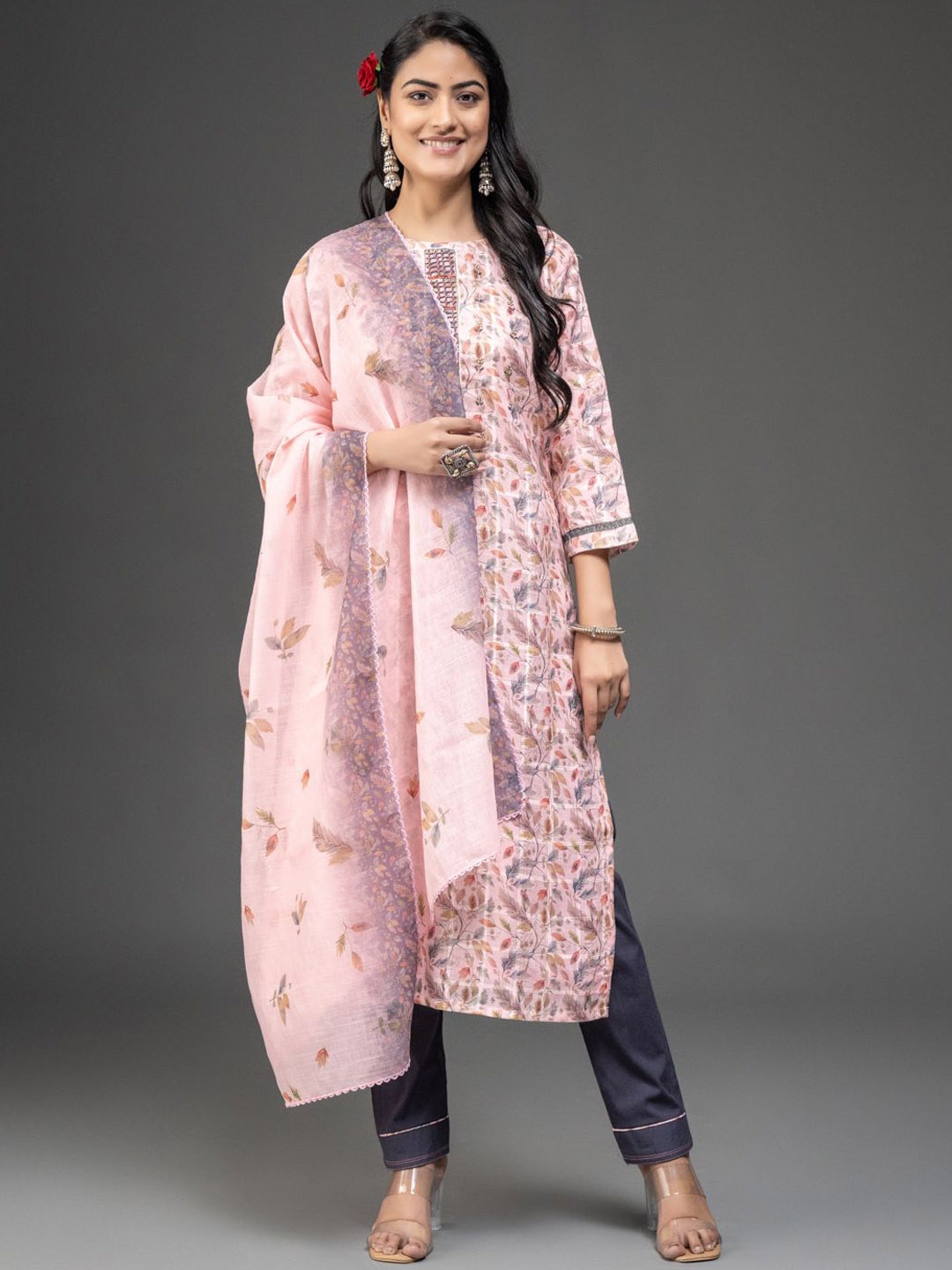 

DARIAN Floral Embroidered Regular Pure Cotton Kurta with Trousers & Dupatta, Peach