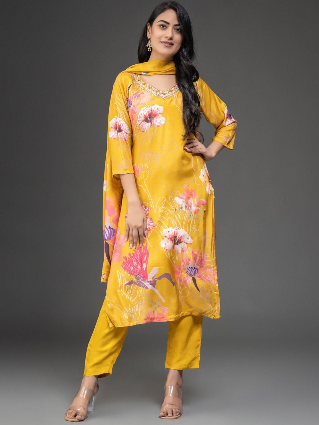 

DARIAN Floral Embroidered Regular Pure Cotton Kurta with Trousers & Dupatta, Yellow
