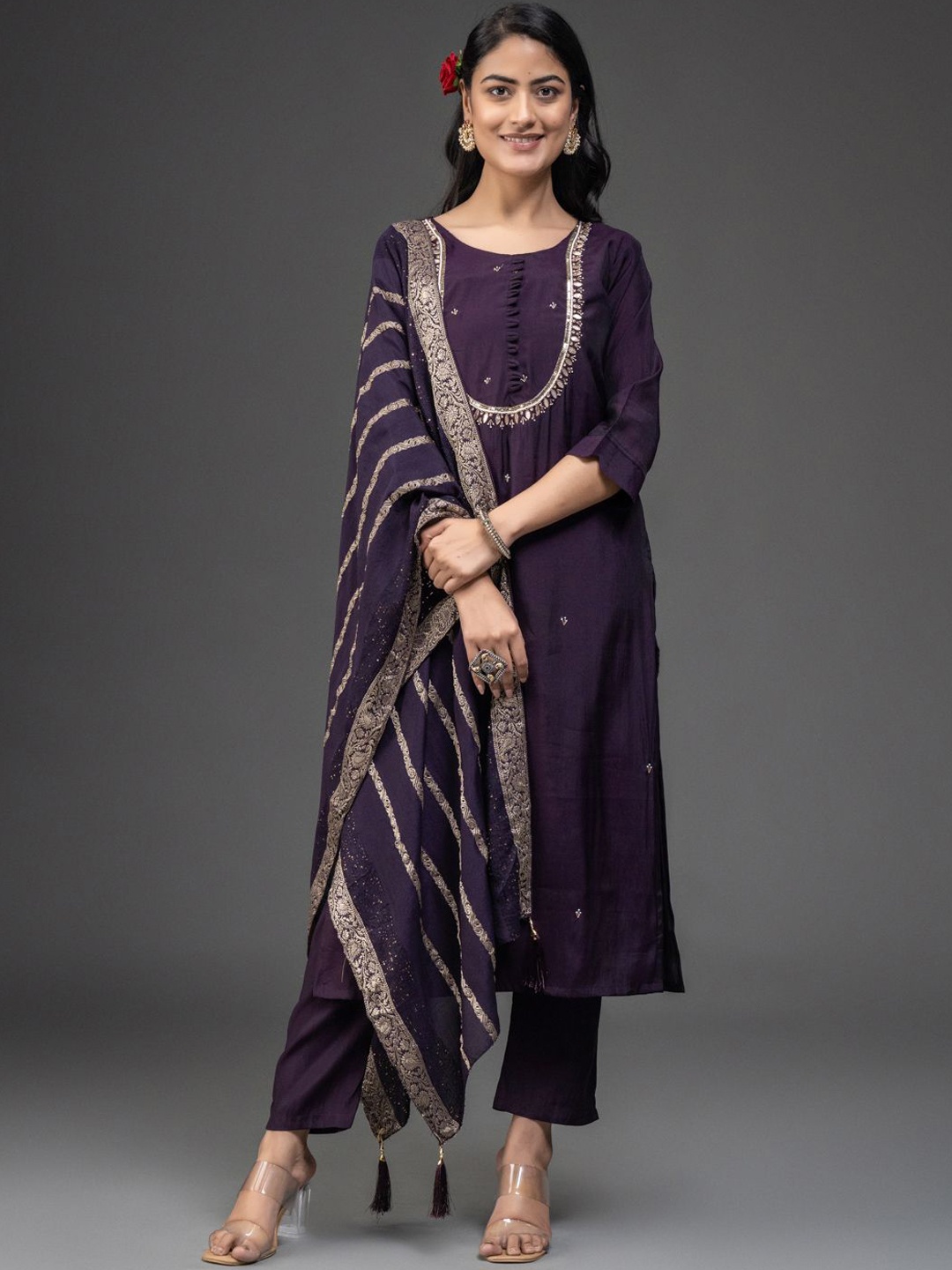 

DARIAN Ethnic Motifs Embroidered Round Neck Kurta with Trousers & Dupatta, Purple