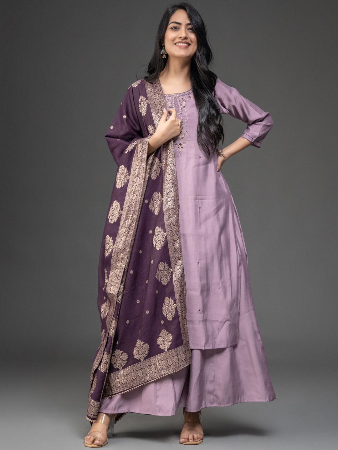 

DARIAN Floral Embroidered Regular Thread Work Kurta with Palazzos & Dupatta, Purple