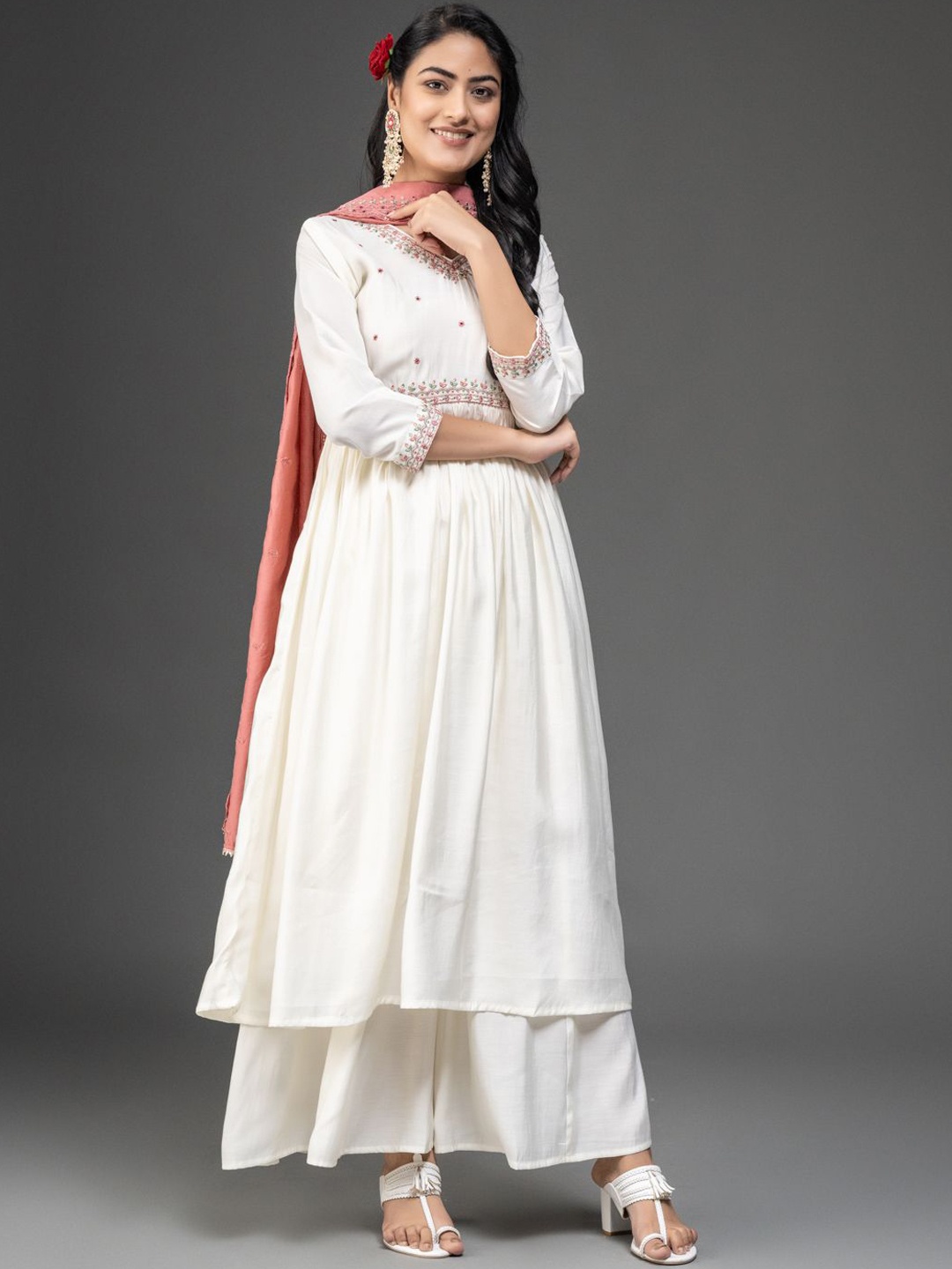 

DARIAN Ethnic Motifs Embroidered V-Neck Thread Work Anarkali Kurta with Palazzos & Dupatta, White