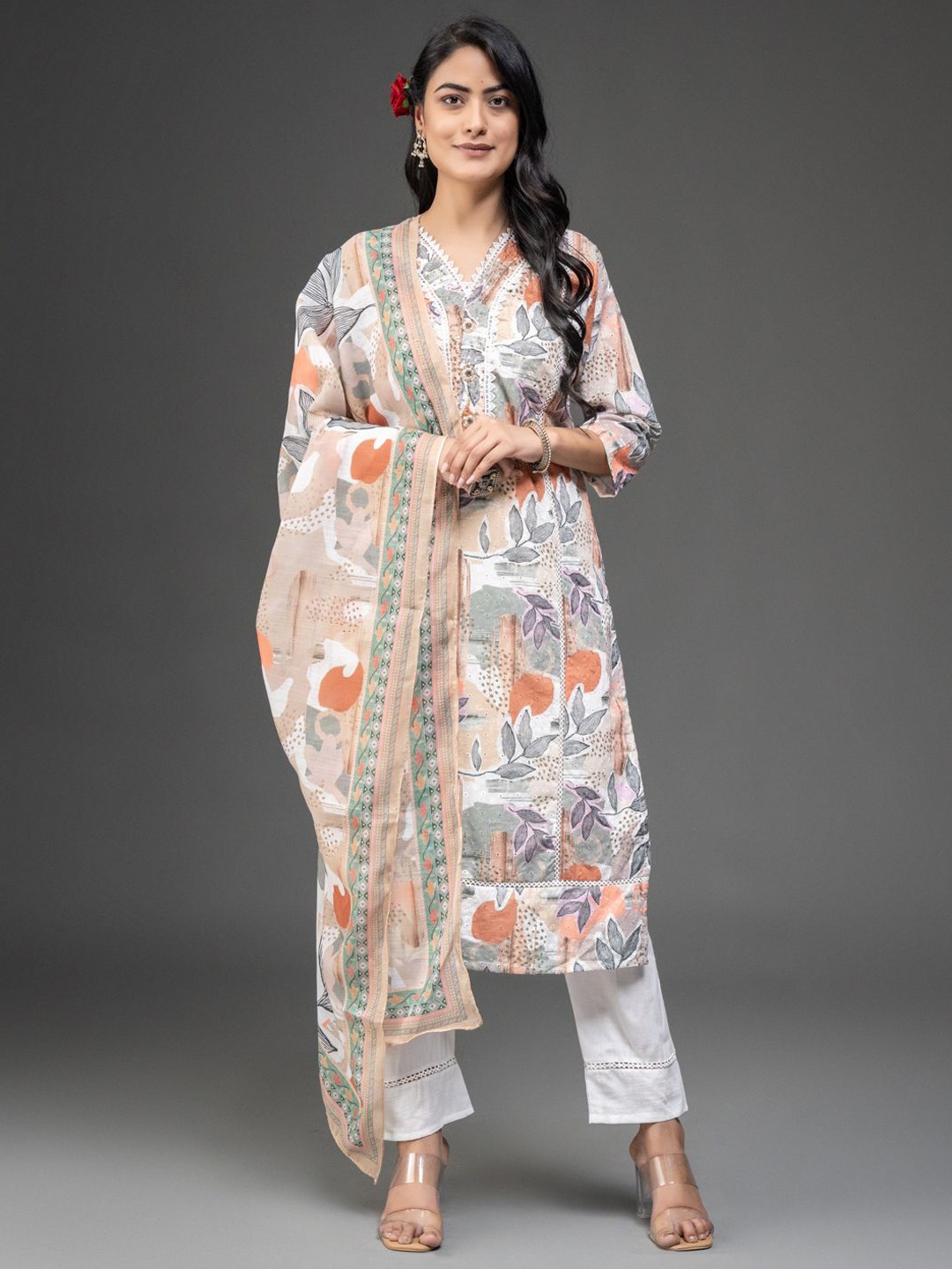 

DARIAN Floral Printed Regular Pure Cotton Kurta with Trousers & Dupatta, White